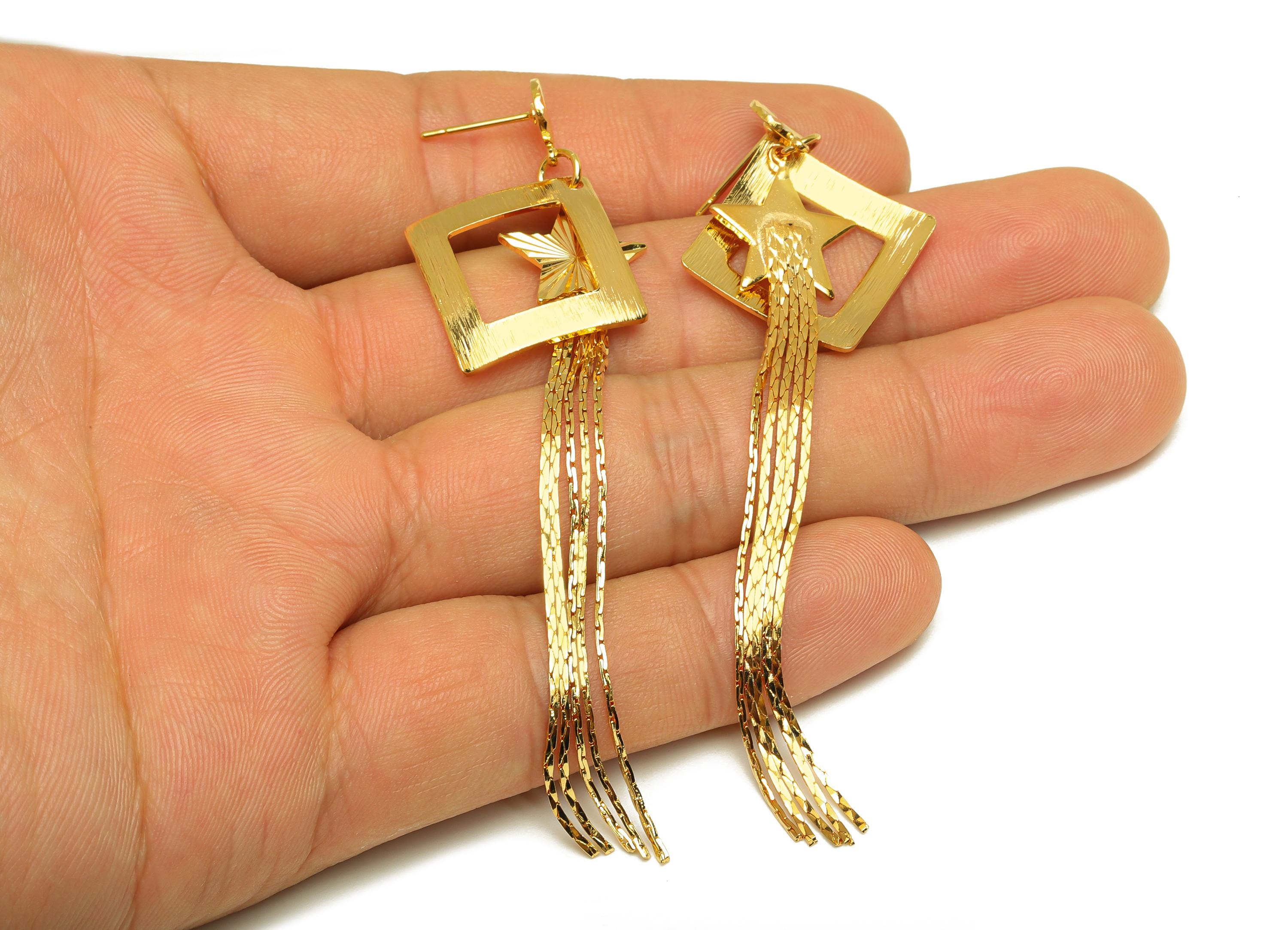 Brass Tassel Earring Charm - Square Tassel Chain Earring Charm - Textured Star Earring Charm - 18K Real Gold Plated - 82x24x0.73mm - RGP7318 - DOMEDBAZAAR