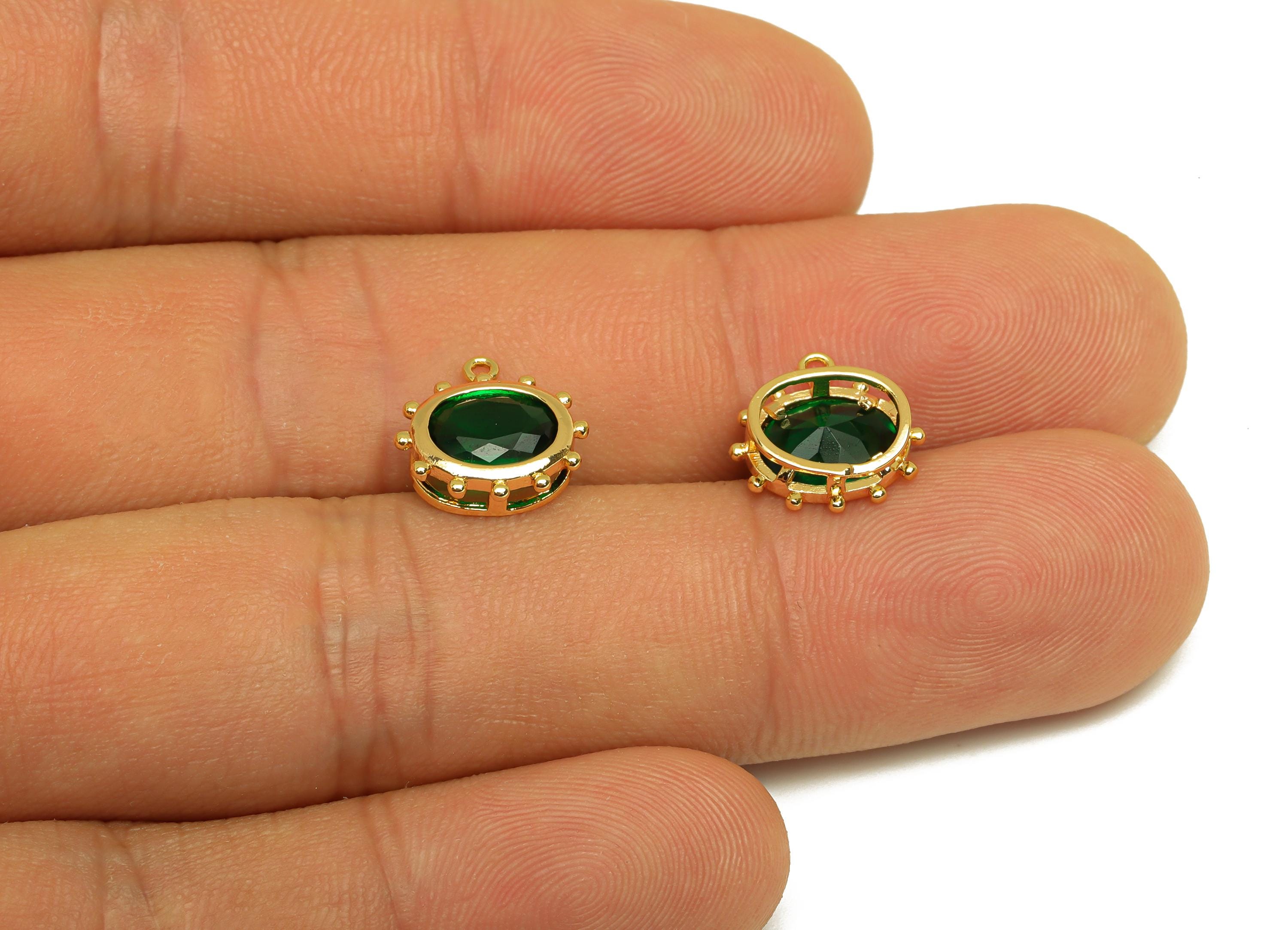 8mm CZ Green Earring Charm - Brass Oval Cubic Zircon Pendant - Mini Zircon Earring Charm - 18K Real Gold Plating - 11.2x11.09x3mm - RGP7337 - DOMEDBAZAAR