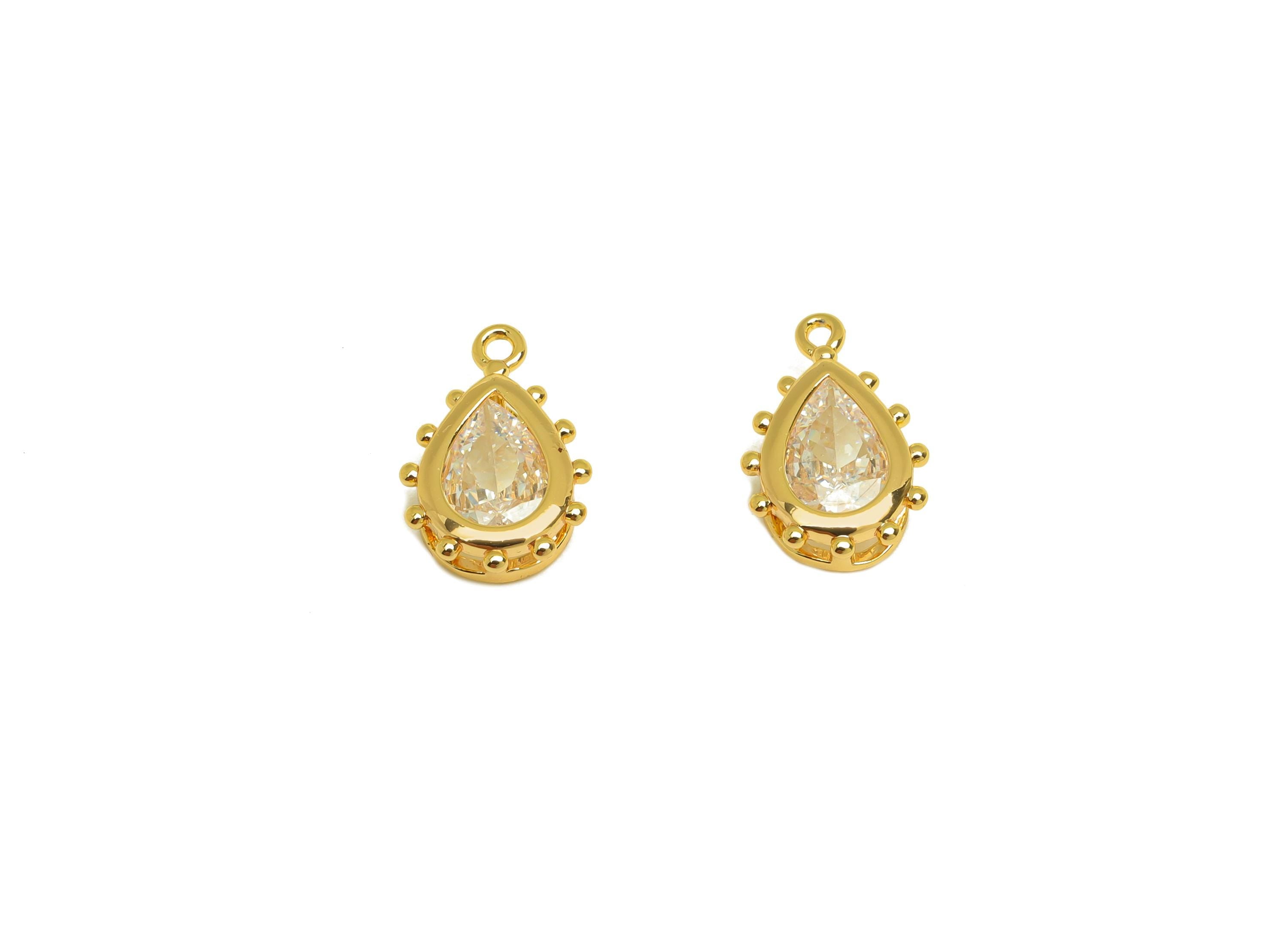10mm CZ Earring Charm - Brass Teardrop Cubic Zircon Pendant - Mini Drop Zircon Earring Charm - 18K Real Gold Plating - 12.1x7x3mm - RGP7338 - DOMEDBAZAAR