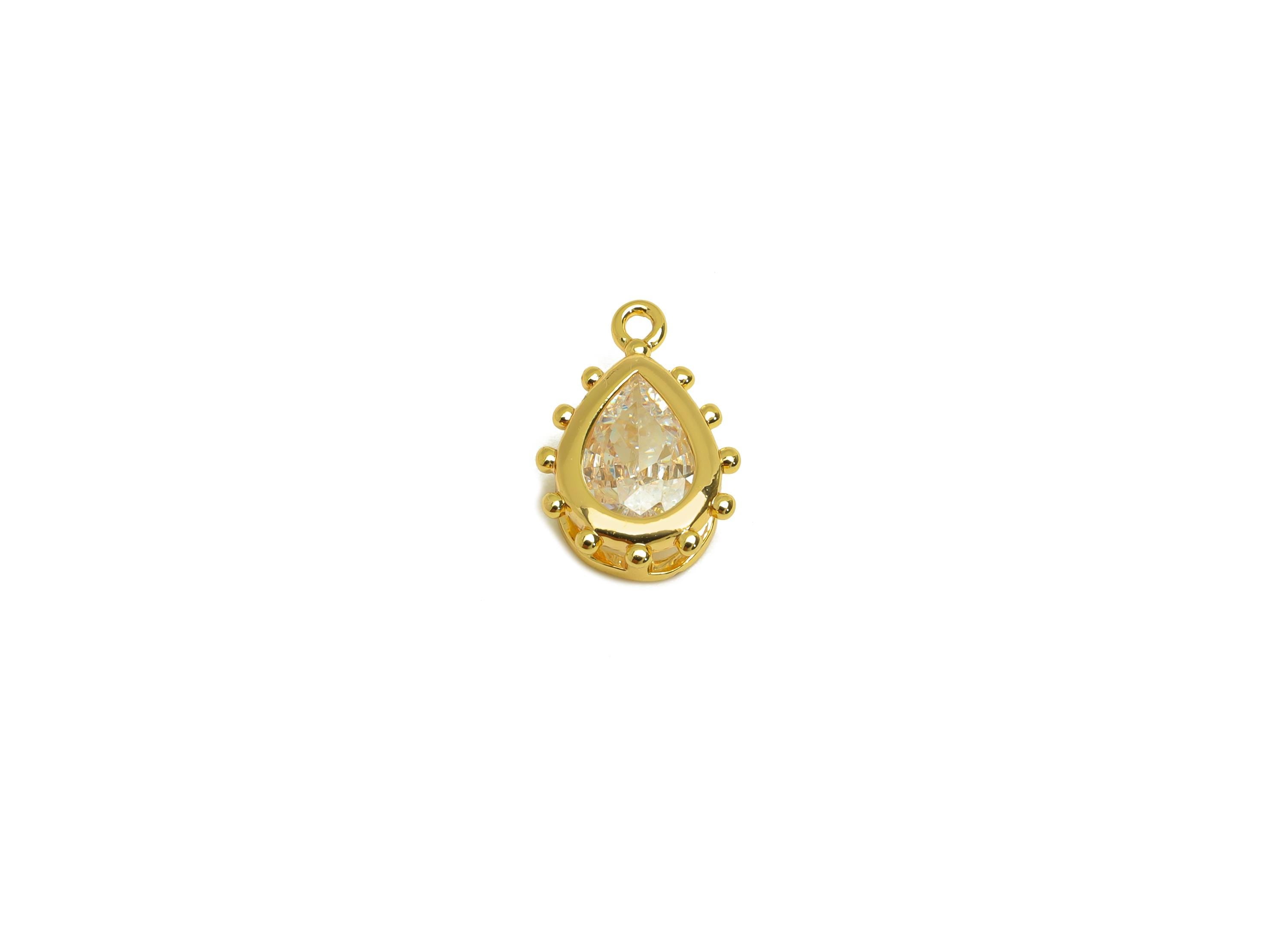 10mm CZ Earring Charm - Brass Teardrop Cubic Zircon Pendant - Mini Drop Zircon Earring Charm - 18K Real Gold Plating - 12.1x7x3mm - RGP7338 - DOMEDBAZAAR