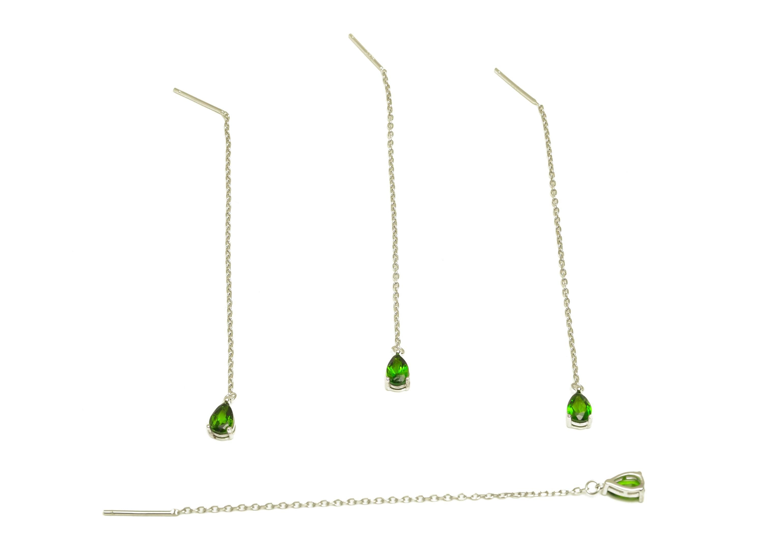 Diopside Tassel Earring Post - Teardrop Silver Crystal Earring Post - Natural Stone Dangle Gemstone Earring Post - 86x3mm - RGP7345F - DOMEDBAZAAR