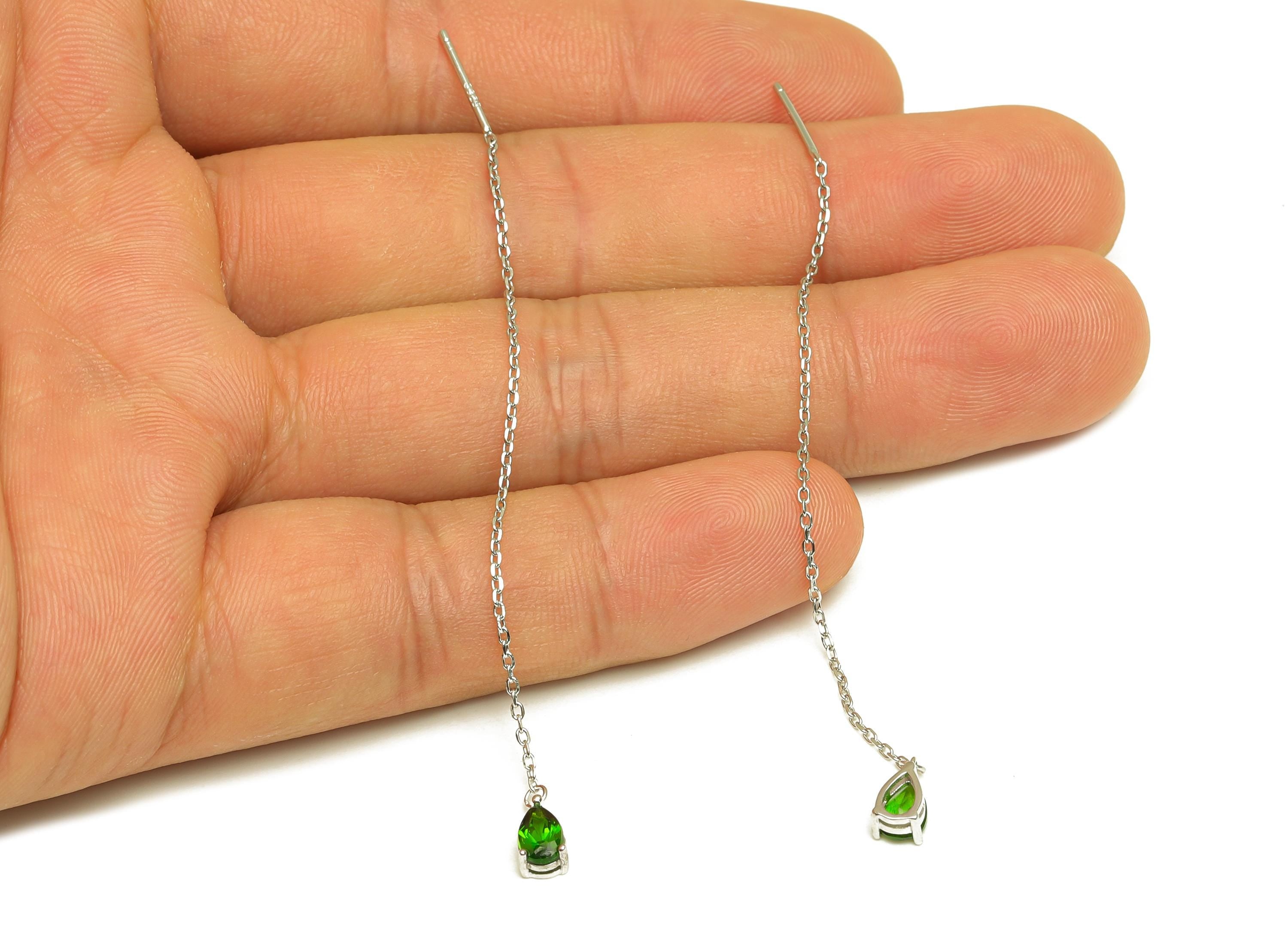 Diopside Tassel Earring Post - Teardrop Silver Crystal Earring Post - Natural Stone Dangle Gemstone Earring Post - 86x3mm - RGP7345F - DOMEDBAZAAR