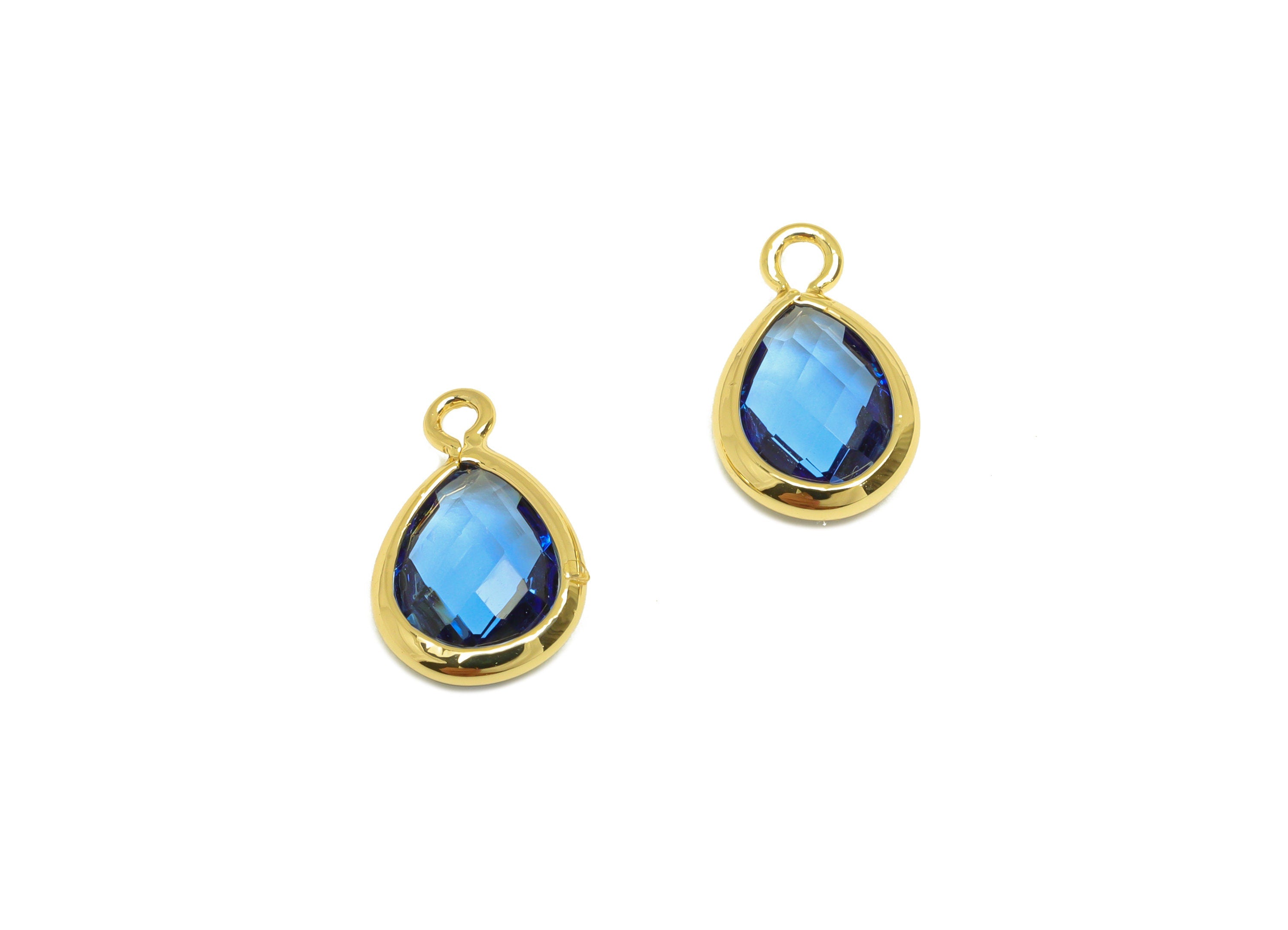 Brass Teardrop Earring Charm - Brass Faceted Glass Earring Charm - Brass Blue Charm - 18K Real Gold Plated - 11.7x6x3mm - RGP6921V - DOMEDBAZAAR