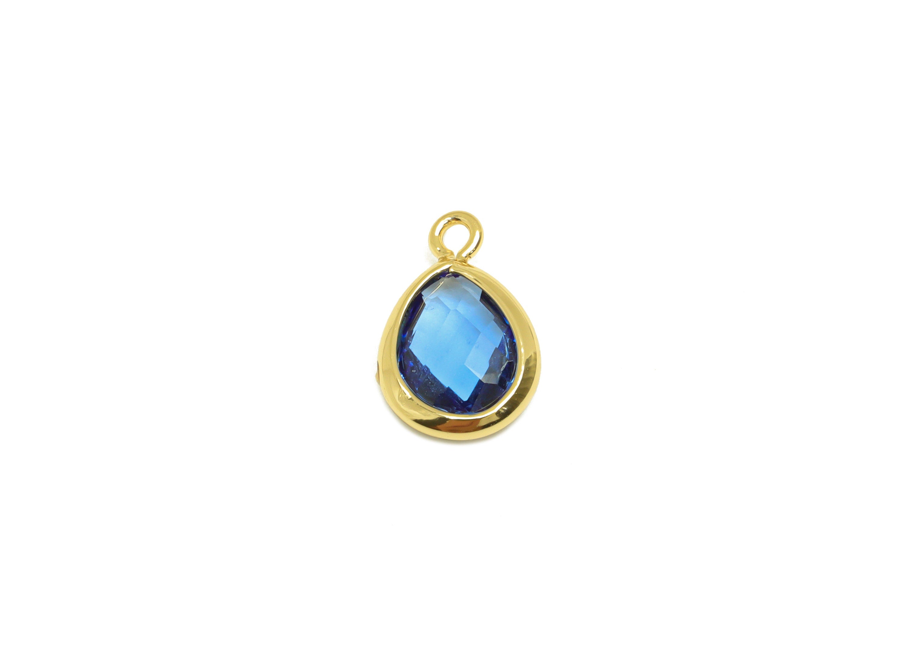 Brass Teardrop Earring Charm - Brass Faceted Glass Earring Charm - Brass Blue Charm - 18K Real Gold Plated - 11.7x6x3mm - RGP6921V - DOMEDBAZAAR