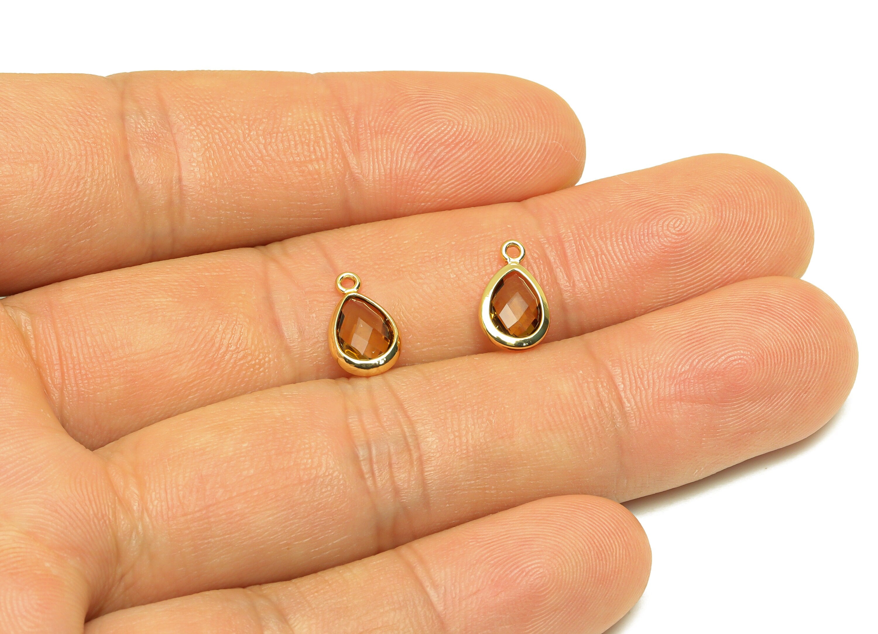 Brass Teardrop Earring Charm - Brass Faceted Glass Earring Charm - Brass Dark Brown Charm - 18K Real Gold Plated - 11.7x6x3mm - RGP6921W - DOMEDBAZAAR