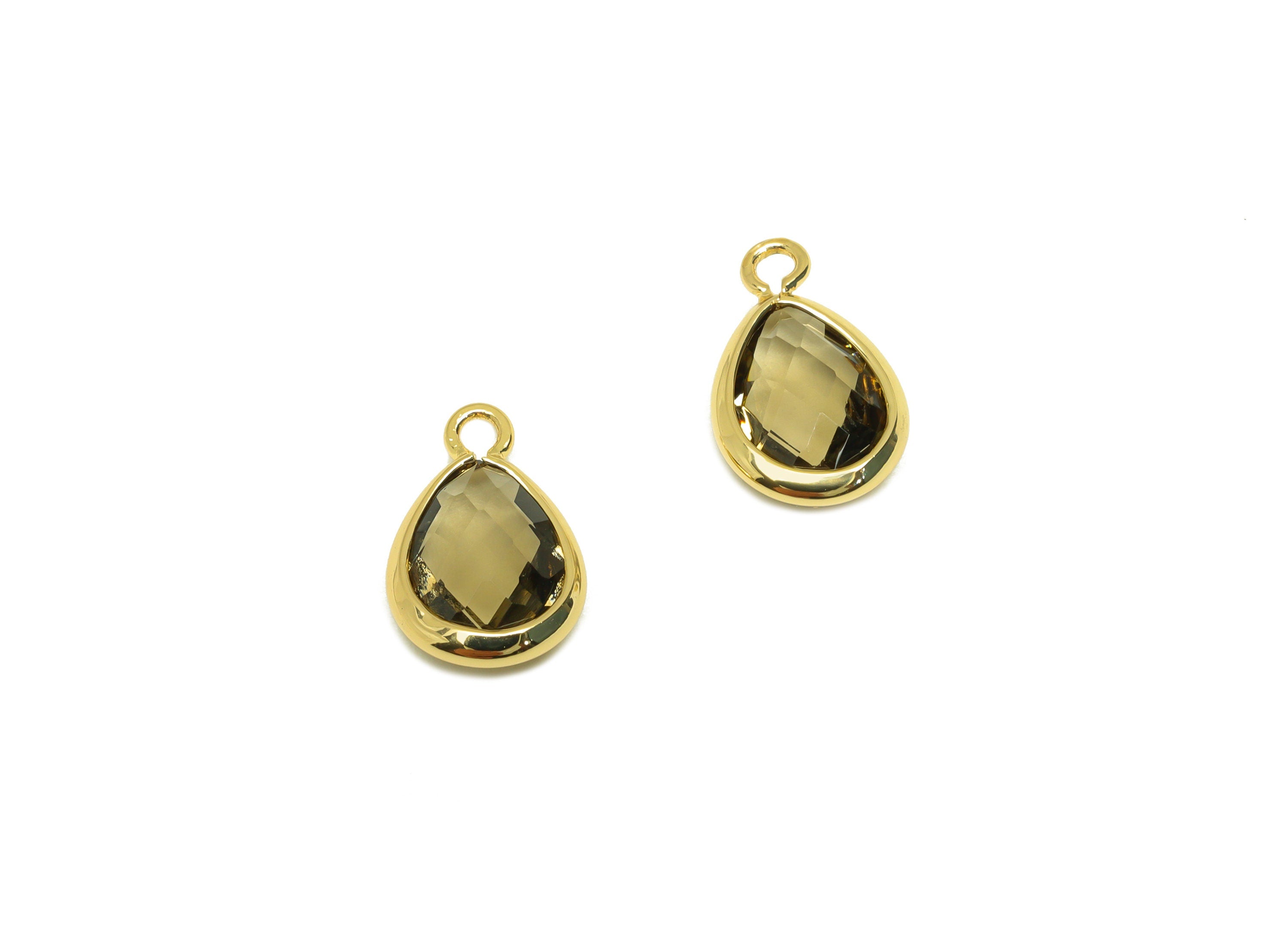 Brass Teardrop Earring Charm - Brass Faceted Glass Earring Charm - Brass Grey Charm - 18K Real Gold Plated - 11.7x6x3mm - RGP6921P - DOMEDBAZAAR
