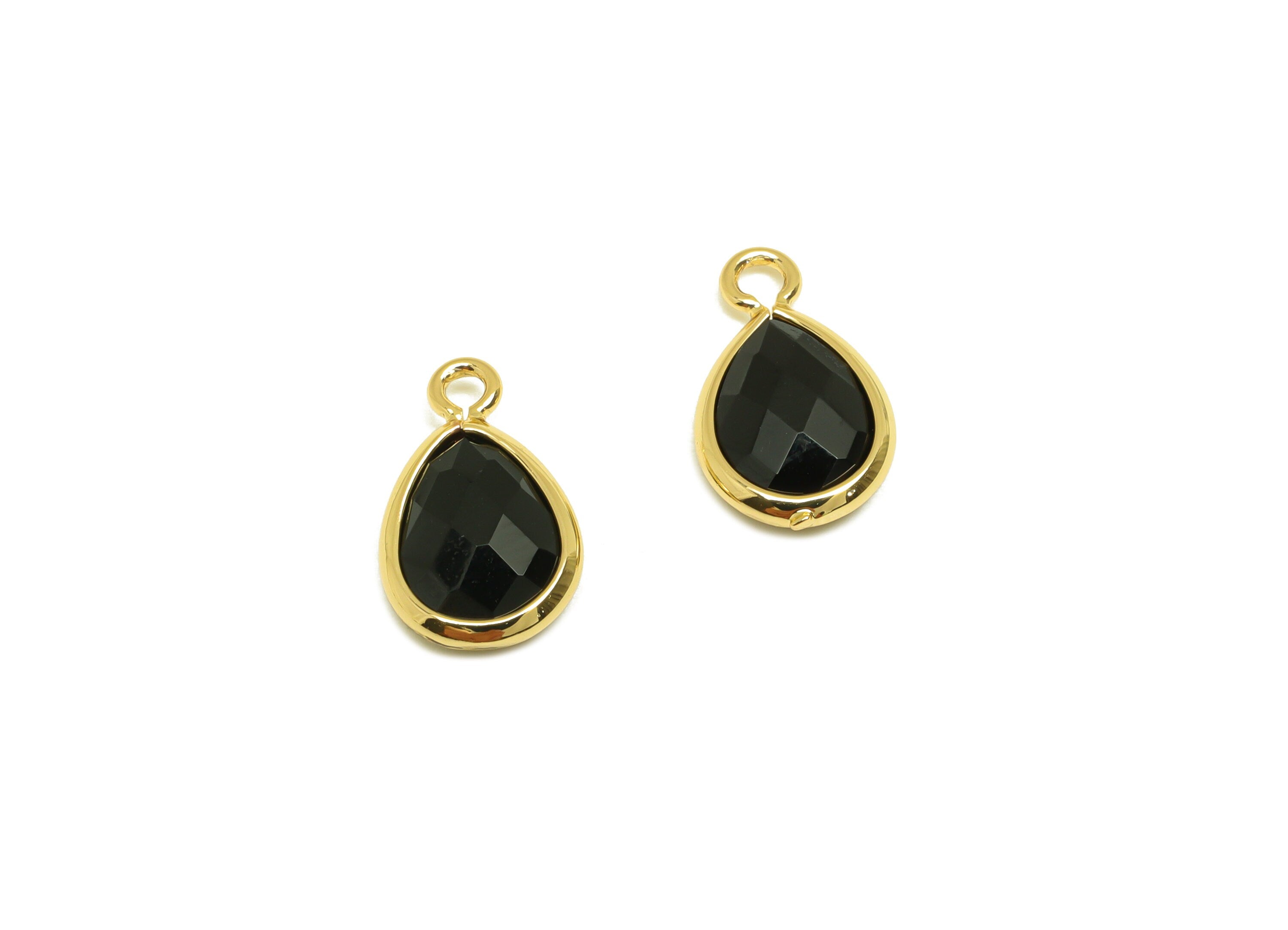 Brass Teardrop Earring Charm - Brass Faceted Glass Earring Charm - Brass Black Glass Charm - 18K Real Gold Plated - 11.7x6x3mm - RGP6921R - DOMEDBAZAAR