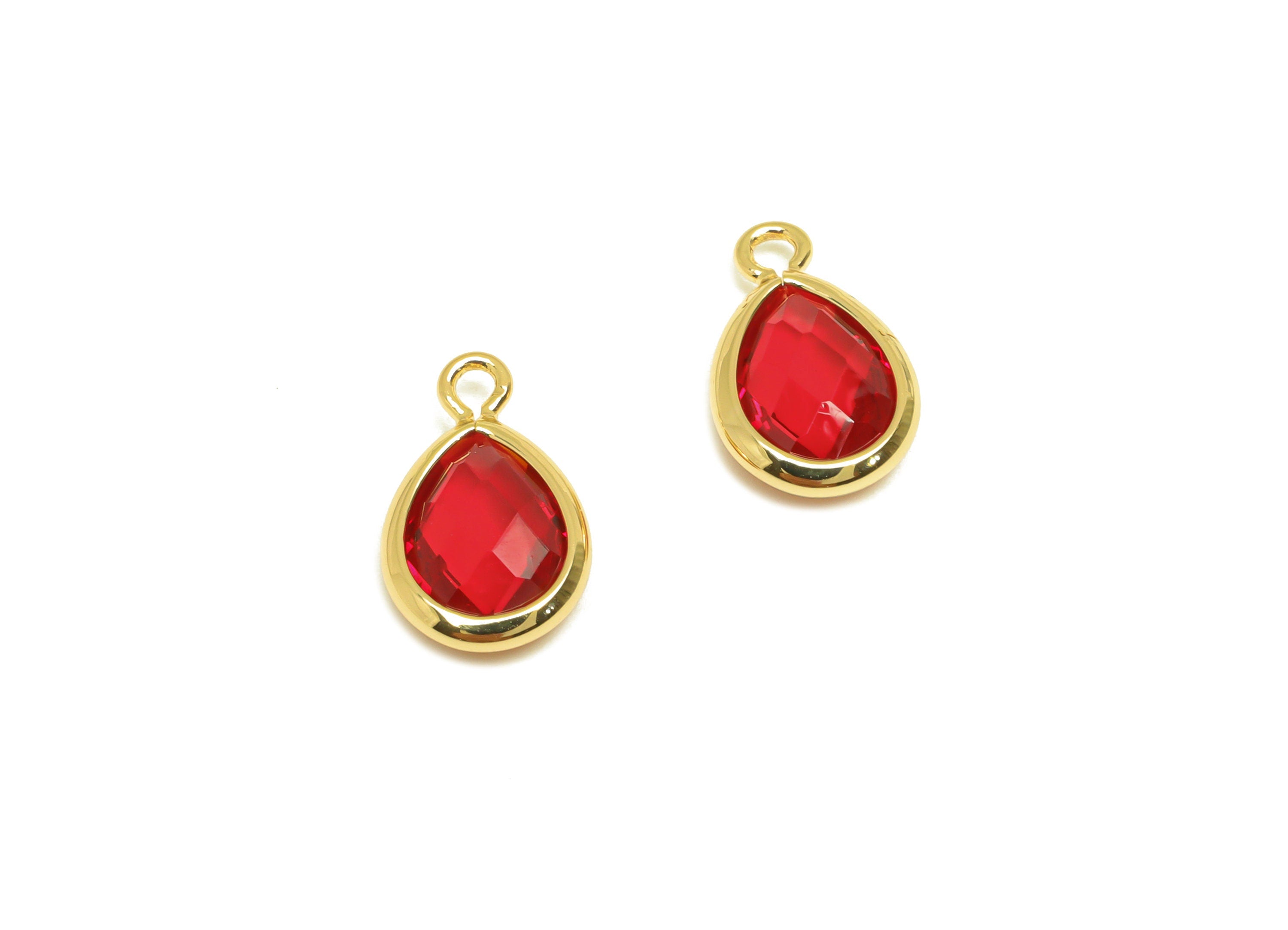 Brass Teardrop Earring Charm - Brass Faceted Glass Earring Charm - Brass Red Glass Earring Charm - 18K Real Gold Plated - 11x6x3mm -RGP6921C - DOMEDBAZAAR
