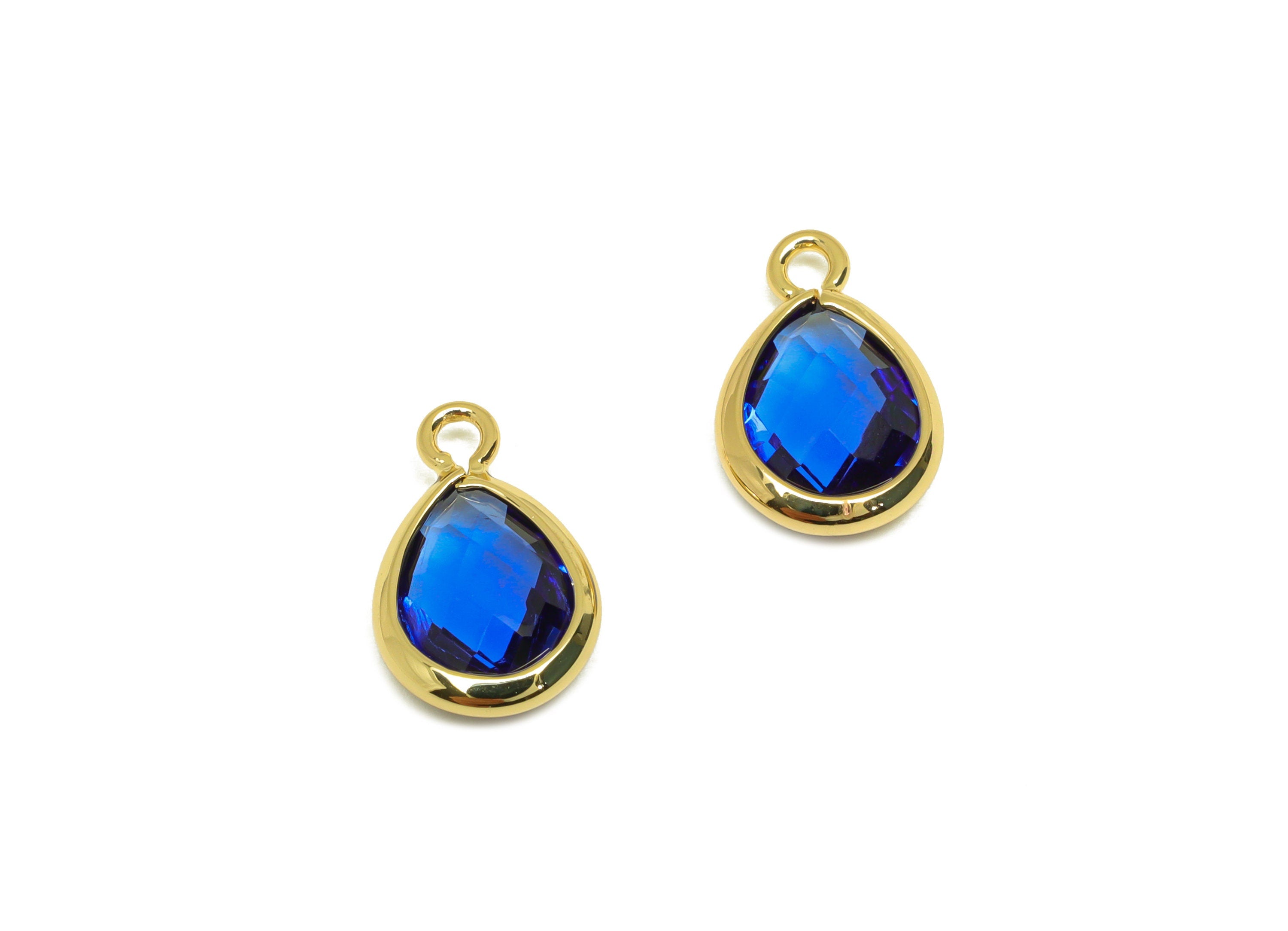 Brass Teardrop Earring Charm - Brass Faceted Glass Earring Charm - Royal Blue Glass Earring Charm - 18K Real Gold Plated - 11x6x3mm-RGP6921G - DOMEDBAZAAR