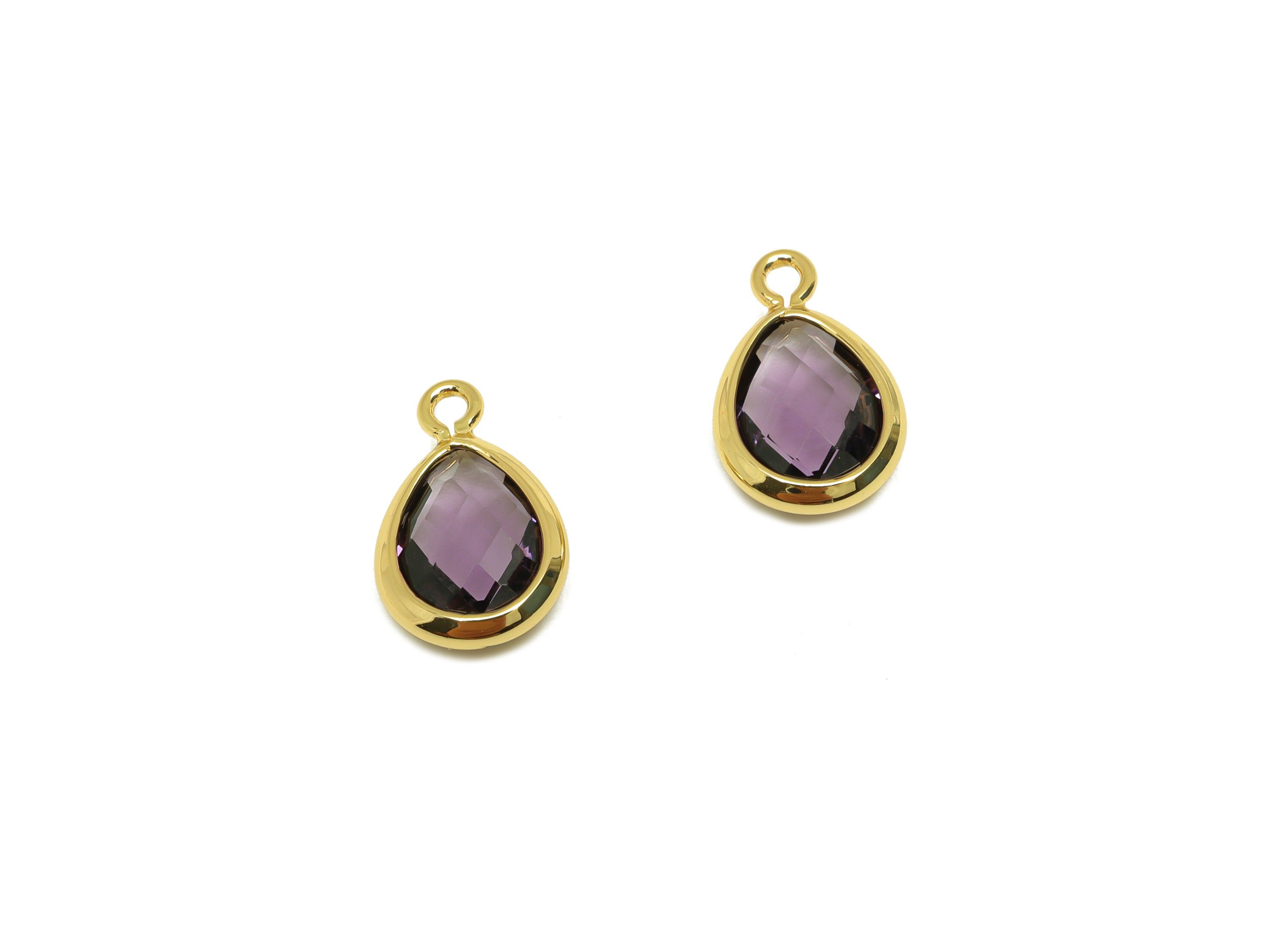 Brass Teardrop Earring Charm - Brass Faceted Glass Earring Charm - Brass Violet Earring Charm - 18K Real Gold Plated - 11x6x3mm - RGP6921Z - DOMEDBAZAAR