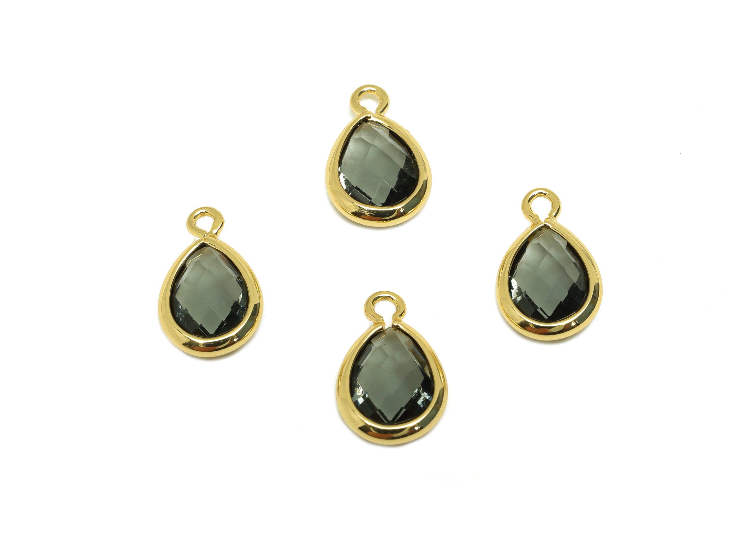 Brass Teardrop Earring Charm - Brass Faceted Glass Earring Charm - Transparent Black Earring Charm - 18K Real Gold Plated -11x6x3mm-RGP6921Y - DOMEDBAZAAR