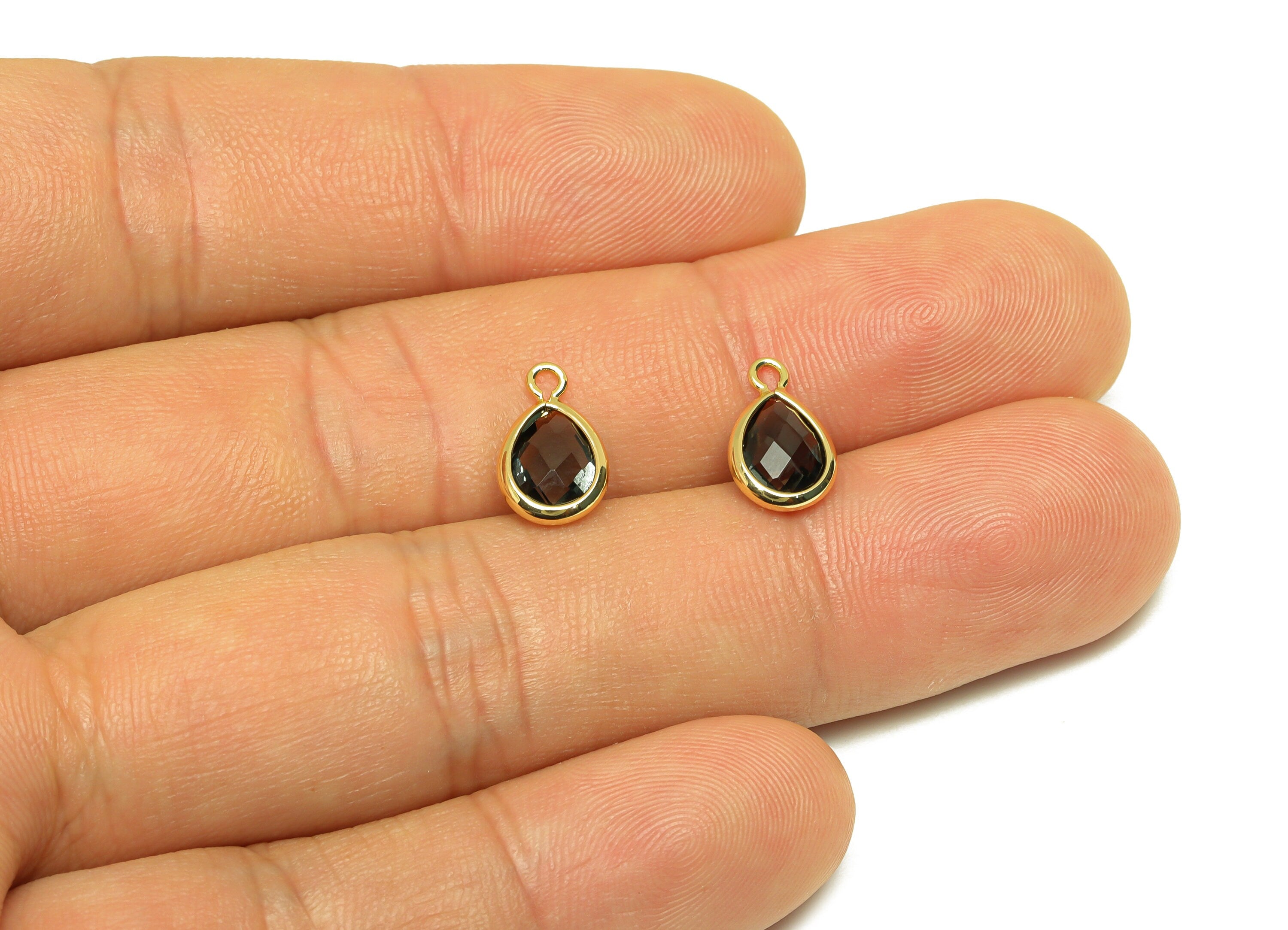 Brass Teardrop Earring Charm - Brass Faceted Glass Earring Charm - Transparent Black Earring Charm - 18K Real Gold Plated -11x6x3mm-RGP6921Y - DOMEDBAZAAR