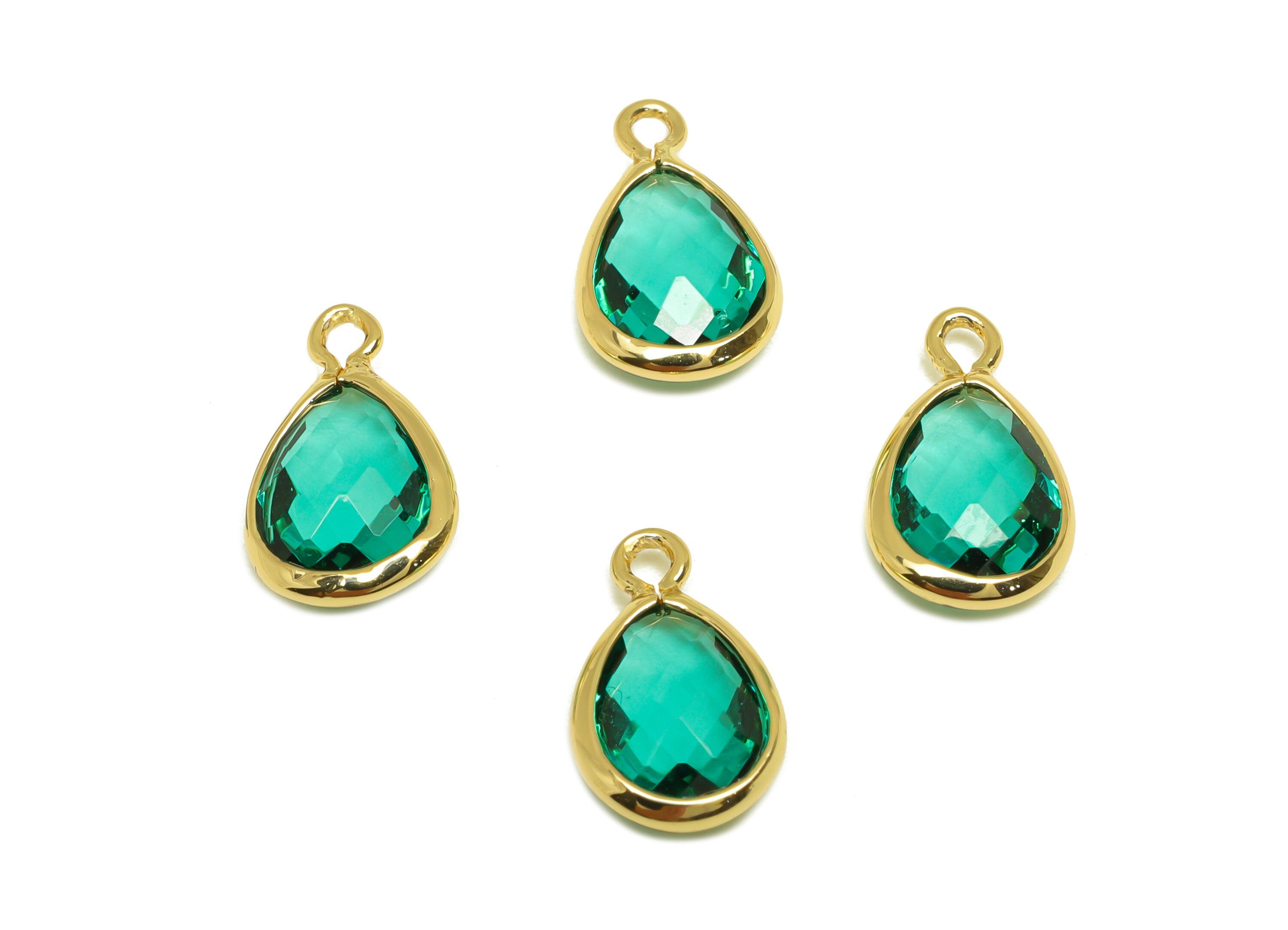 Brass Teardrop Earring Charm - Brass Faceted Glass Earring Charm - Hole Green Earring Charm - 18K Real Gold Plated - 11x6x3mm - RGP6921E - DOMEDBAZAAR