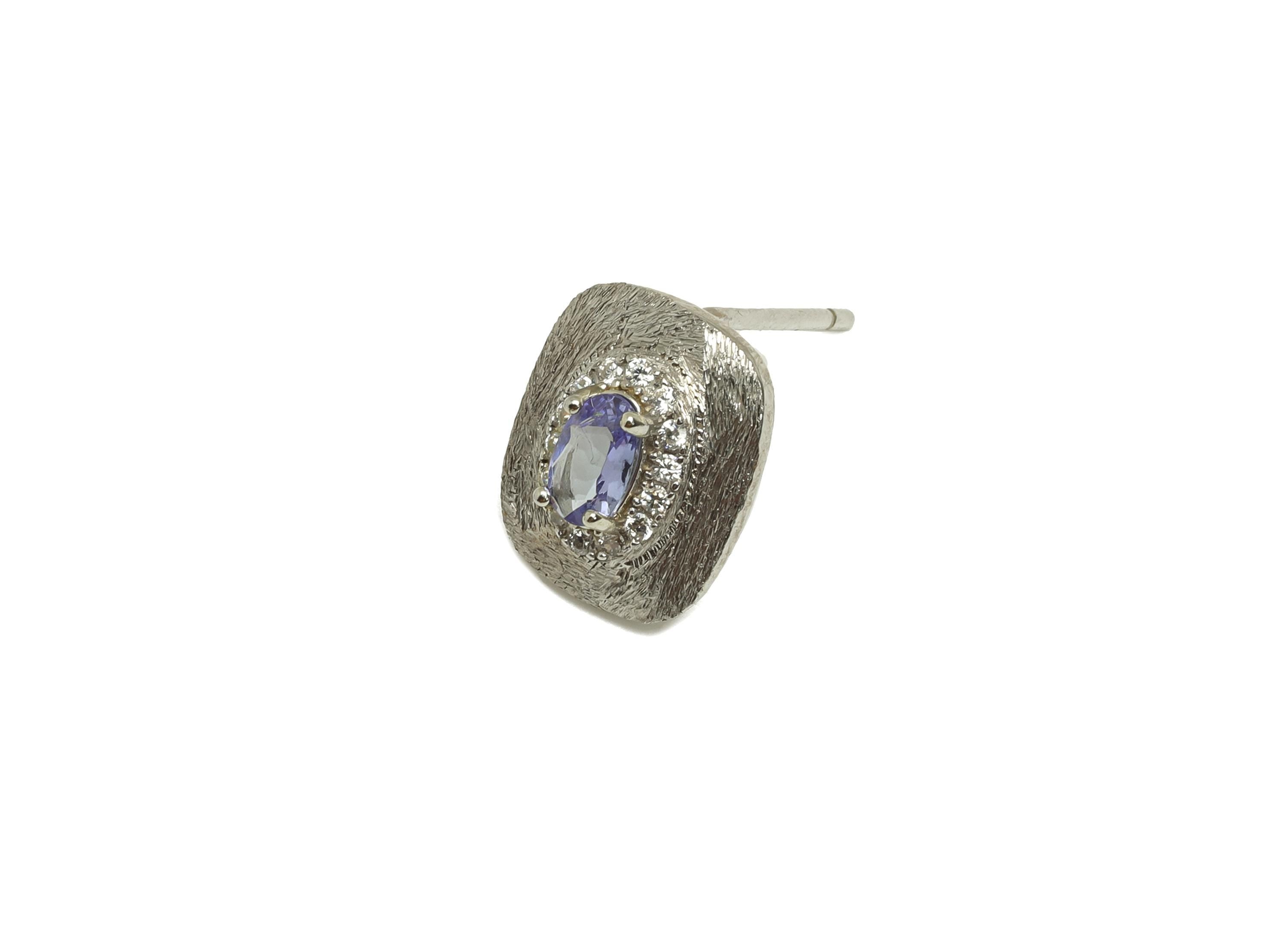 Tanzanite Silver Earring Post - 925 Silver Zircon Crystal Earring Post - Silver Rectangle Natural Stone Stud - 15x9.31x4.55mm - RGP7366 - DOMEDBAZAAR