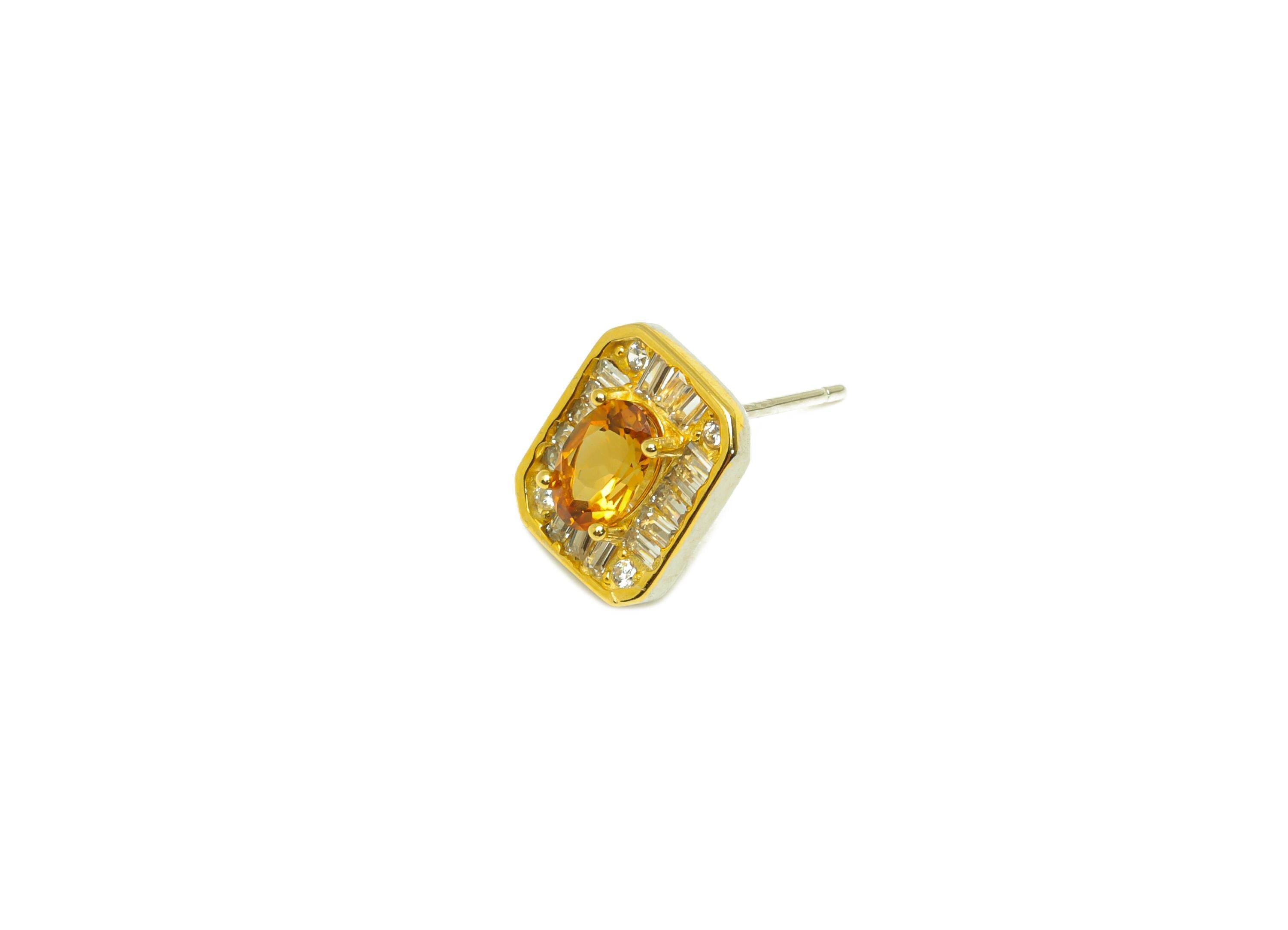 Citrine Silver Earring Post - Rectangle Zircon Crystal Earring Post - Natural Stone Stud - 18K Real Gold Plated Silver - 14x8x4mm - RGP7369 - DOMEDBAZAAR