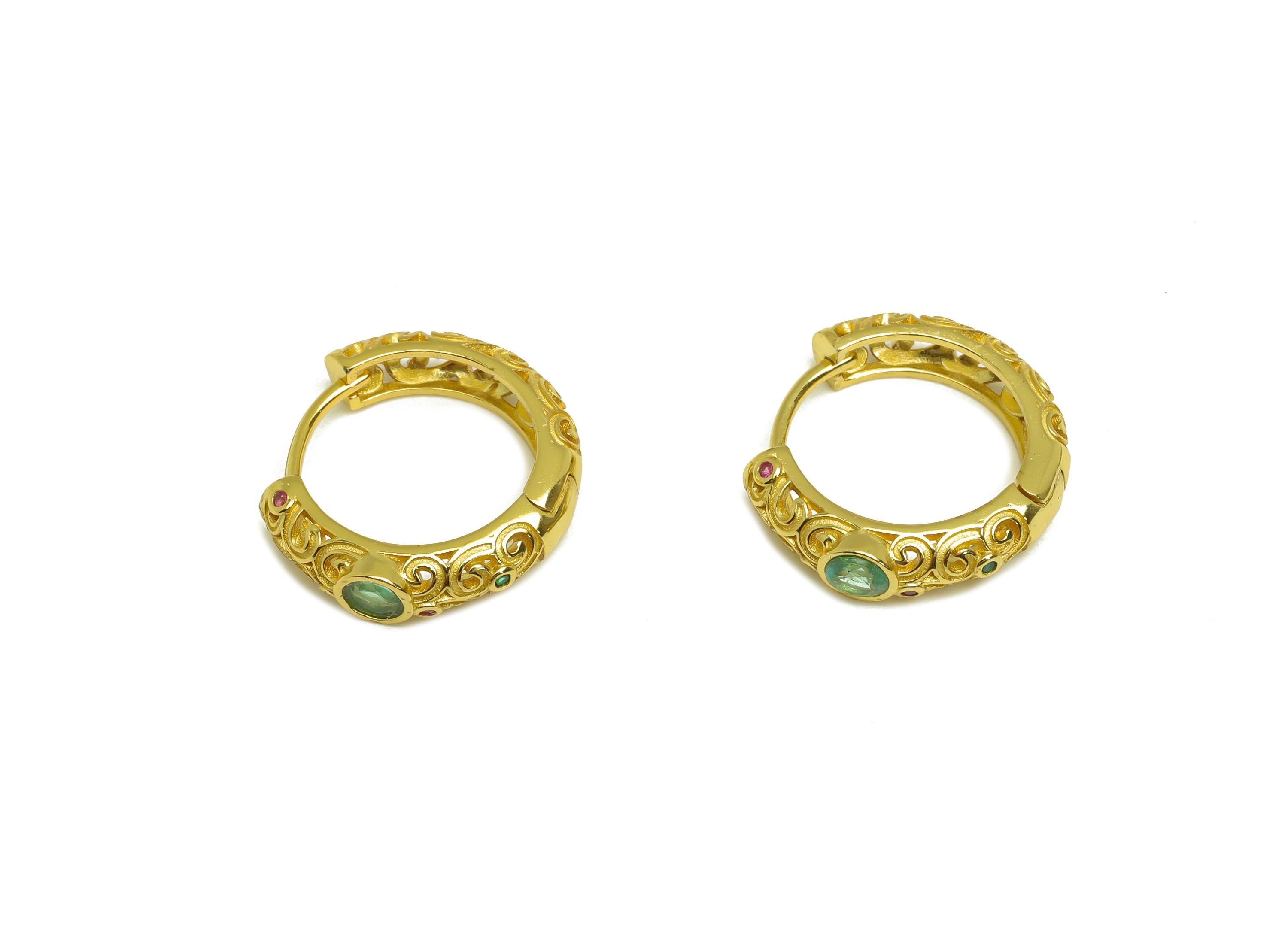 Emerald Hoop Earring - Zircon Textured Hoop Clasp Earring - Natural Stone Huggie Hoop Clasp- 18K Real Gold Plated Silver - 14x8x4mm -RGP7368 - DOMEDBAZAAR
