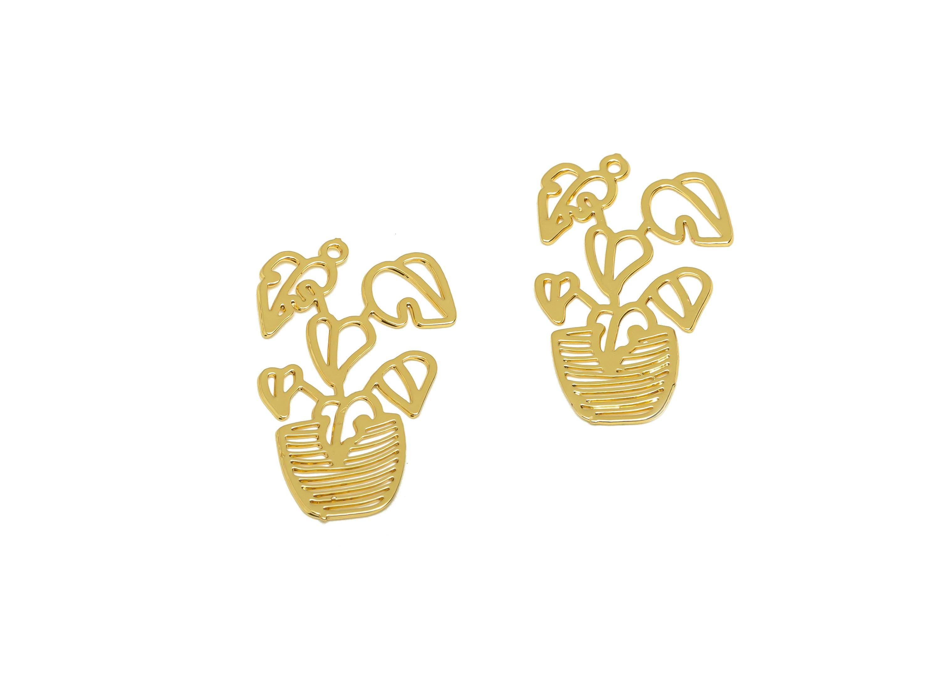 Brass Bouquet Earring Charm - Brass Monstera Earring Charm - Brass Botanical Pendant - 18K Real Gold Plating - 23.3x13.46x0.42mm - RGP7167 - DOMEDBAZAAR
