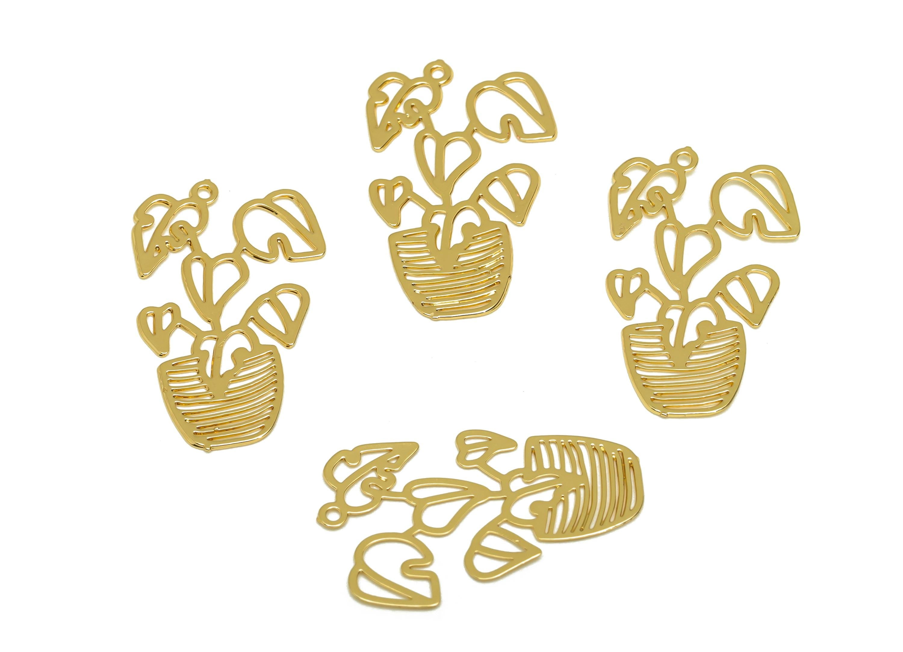 Brass Bouquet Earring Charm - Brass Monstera Earring Charm - Brass Botanical Pendant - 18K Real Gold Plating - 23.3x13.46x0.42mm - RGP7167 - DOMEDBAZAAR