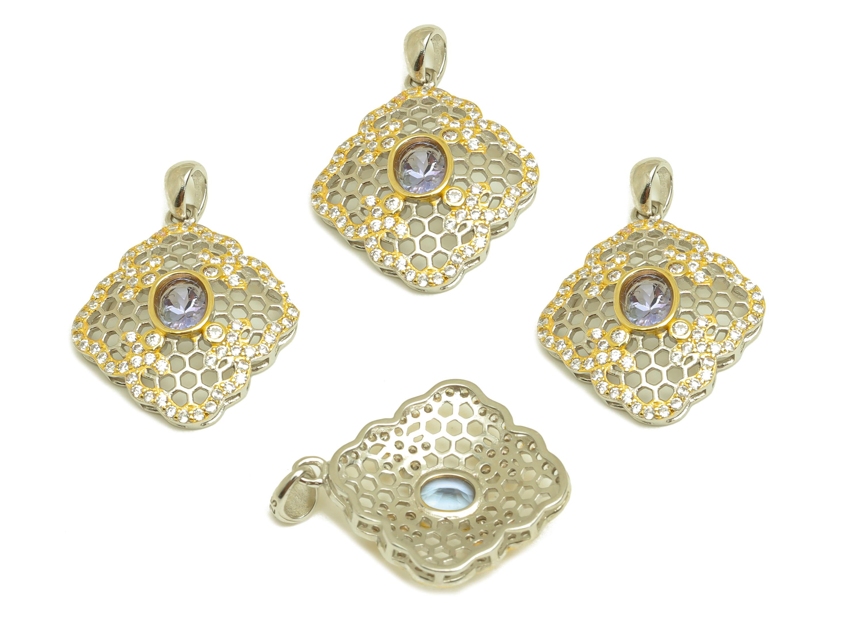 Tanzanite Zircon Earring Charm - Cubic Zircon Gemstone Pendant - Hollow Crystal Earring Charm - For Necklace - 23x18x4mm - RGP7372 - DOMEDBAZAAR