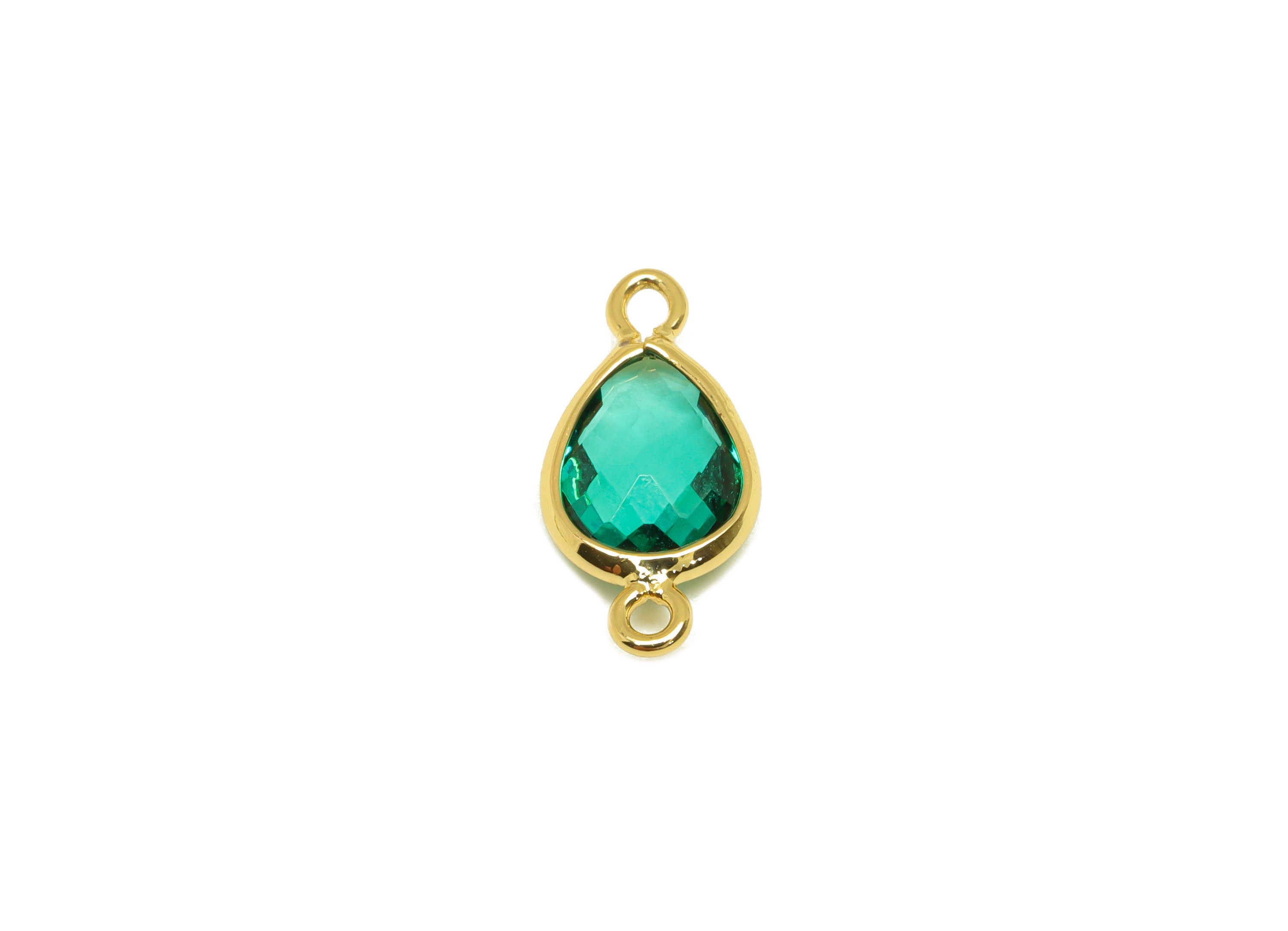 Brass Teardrop Connector - Brass Faceted Glass Earring Charm - Hole Green Earring Charm - 18K Real Gold Plated - 14x6x2mm - RGP6922E - DOMEDBAZAAR