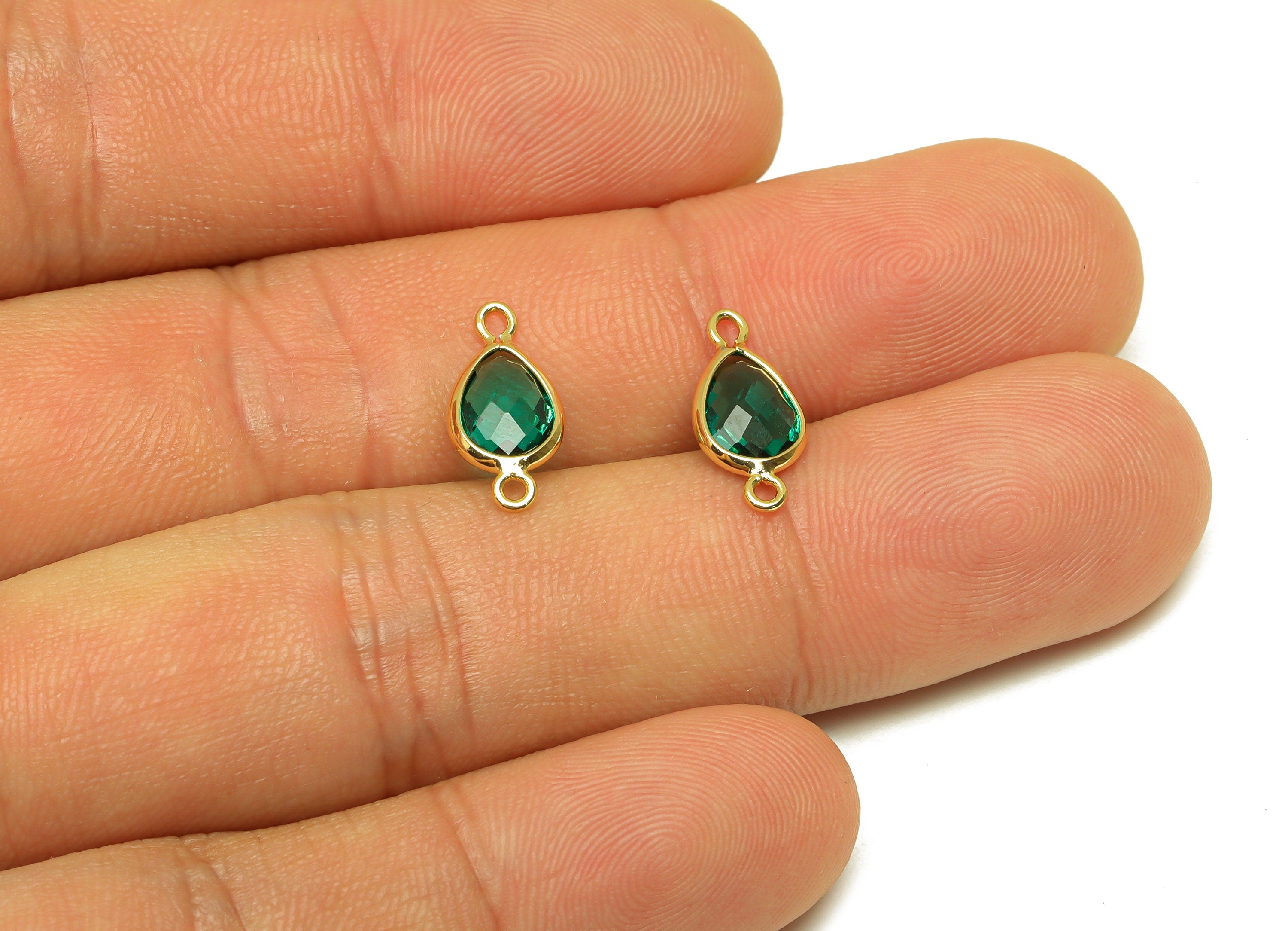 Brass Teardrop Connector - Brass Faceted Glass Earring Charm - Hole Green Earring Charm - 18K Real Gold Plated - 14x6x2mm - RGP6922E - DOMEDBAZAAR