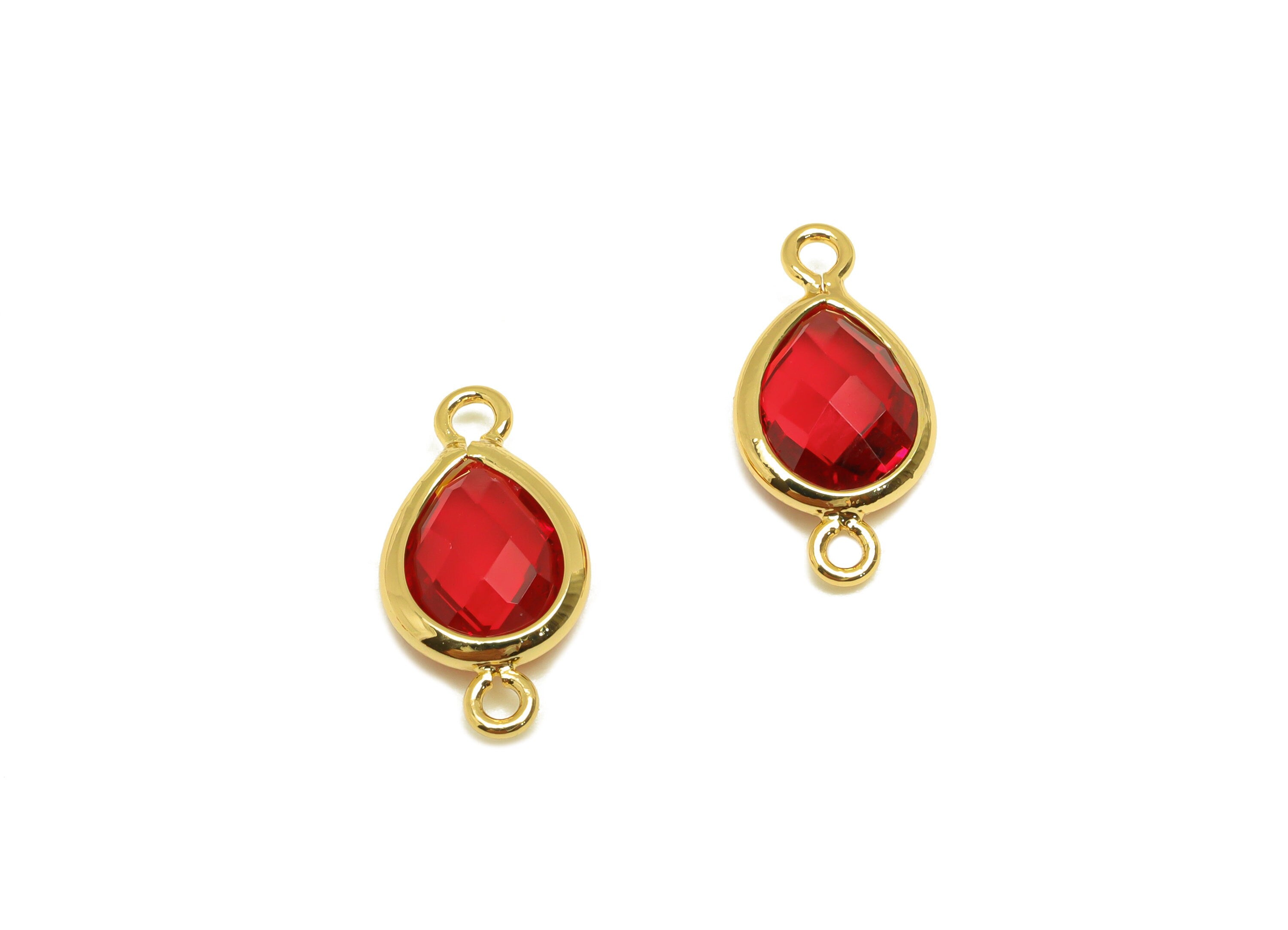 Brass Teardrop Connector - Brass Faceted Glass Earring Charm - Red Glass Earring Charm - 18K Real Gold Plated - 14x6x2mm - RGP6922C - DOMEDBAZAAR
