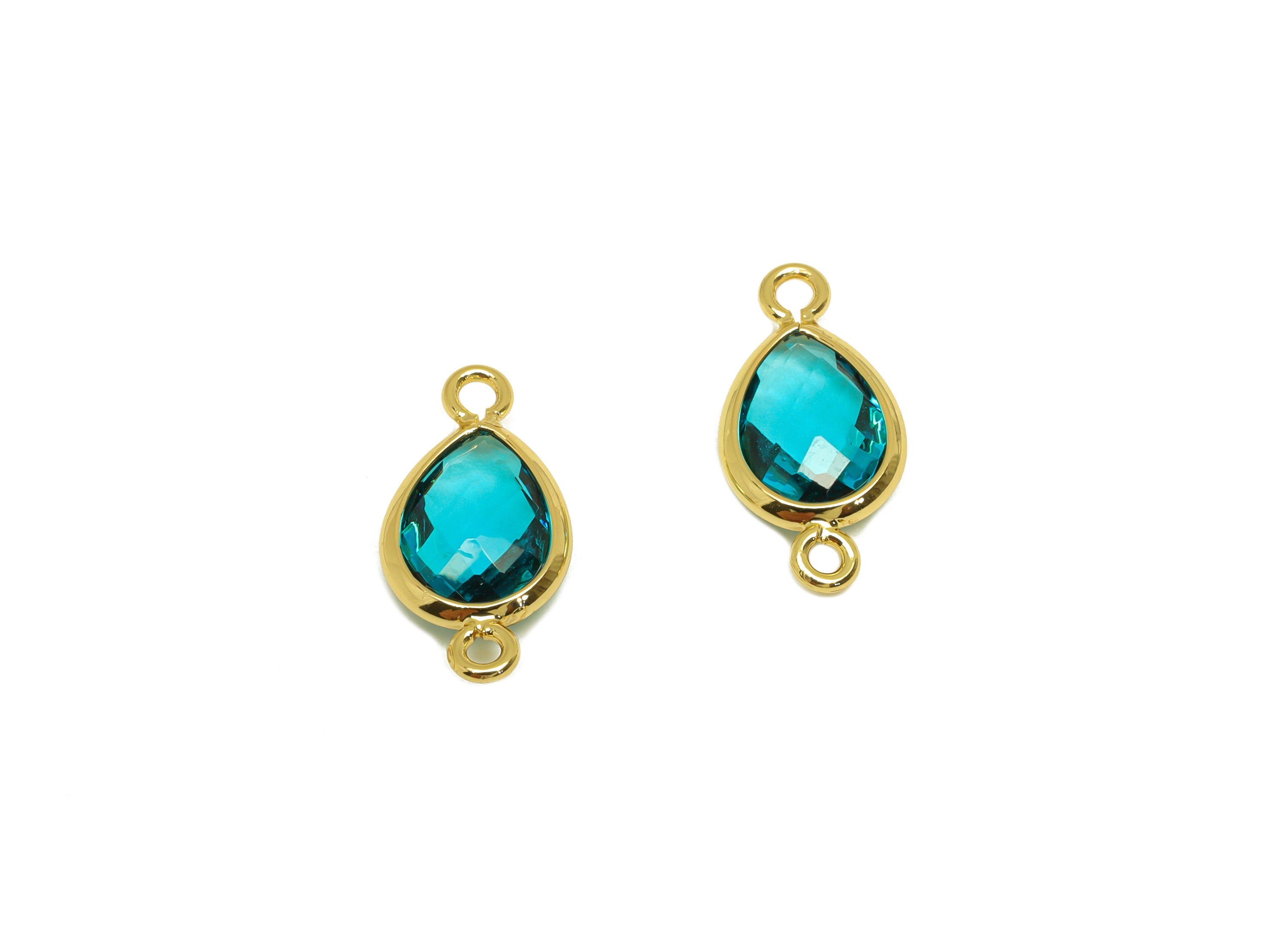Brass Teardrop Connector - Brass Faceted Glass Earring Charm - Hole Blue Glass Earring Charm - 18K Real Gold Plated - 14x6x2mm - RGP6922F - DOMEDBAZAAR