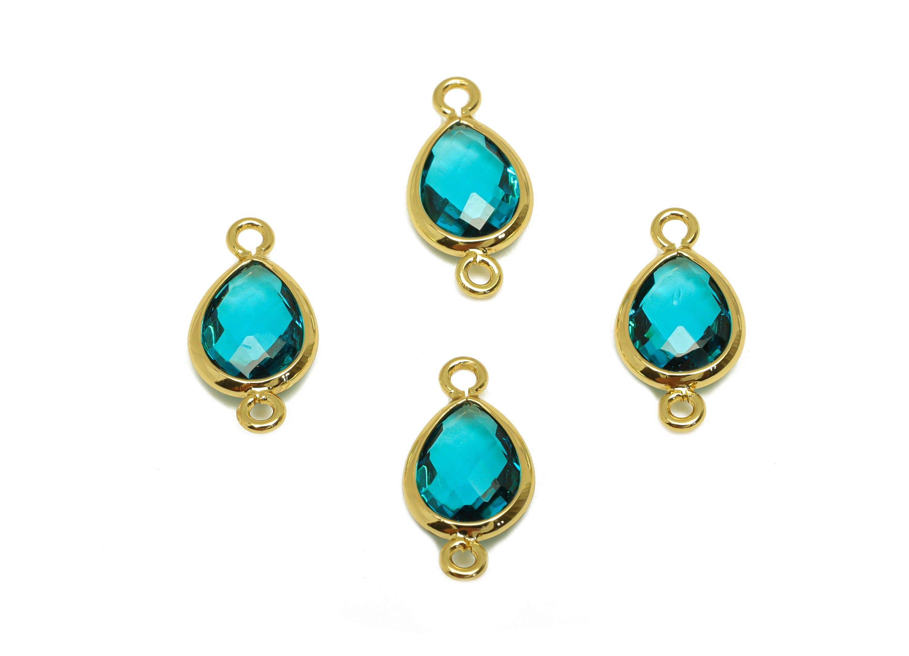 Brass Teardrop Connector - Brass Faceted Glass Earring Charm - Hole Blue Glass Earring Charm - 18K Real Gold Plated - 14x6x2mm - RGP6922F - DOMEDBAZAAR