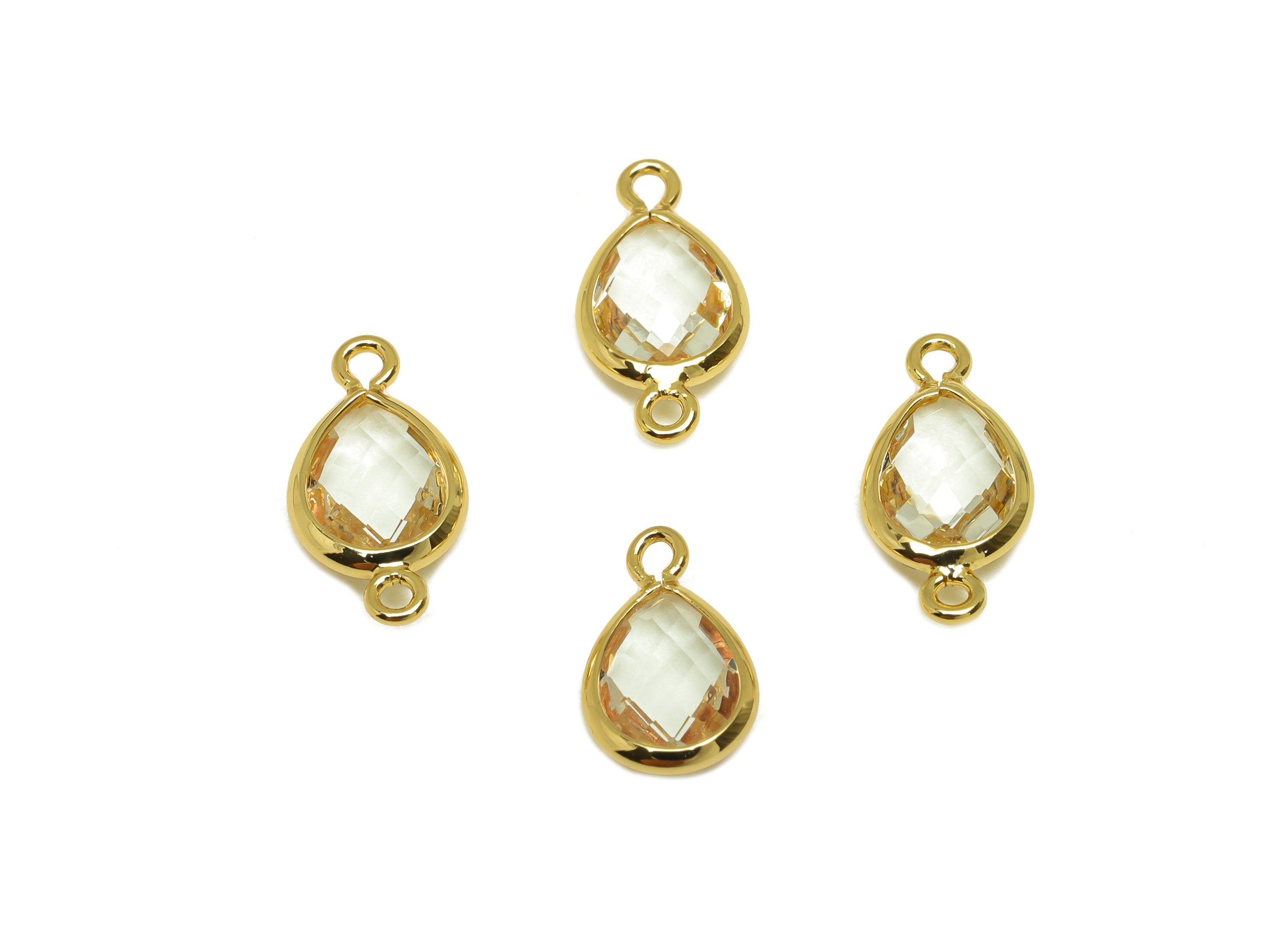 Brass Teardrop Connector - Brass Faceted Glass Earring Charm - Transparent Glass Earring Charm - 18K Real Gold Plated - 14x6x2mm - RGP6922X - DOMEDBAZAAR