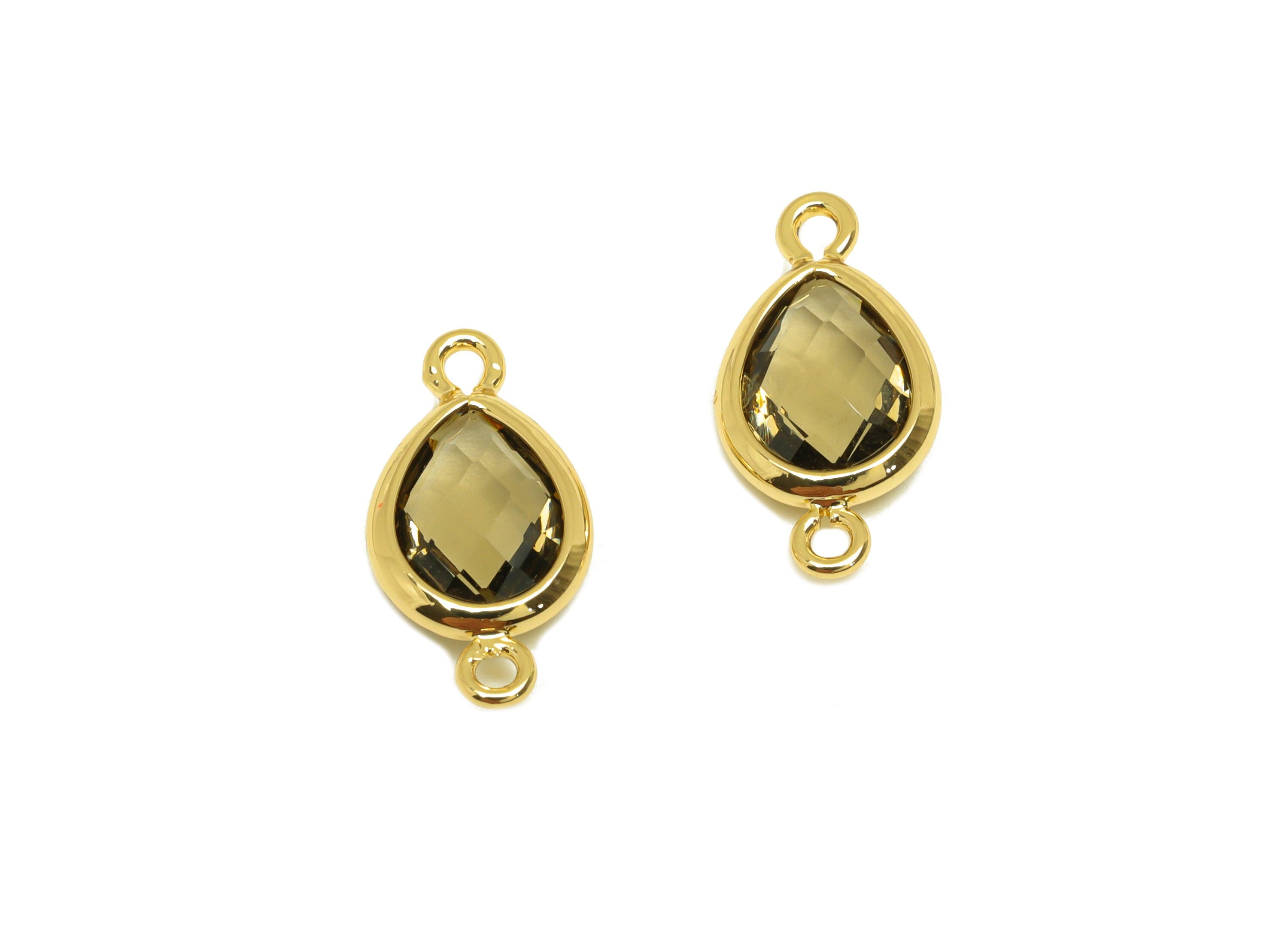 Brass Teardrop Connector - Brass Faceted Glass Earring Charm - Grey Glass Earring Charm - 18K Real Gold Plated - 14x6x2mm - RGP6922P - DOMEDBAZAAR