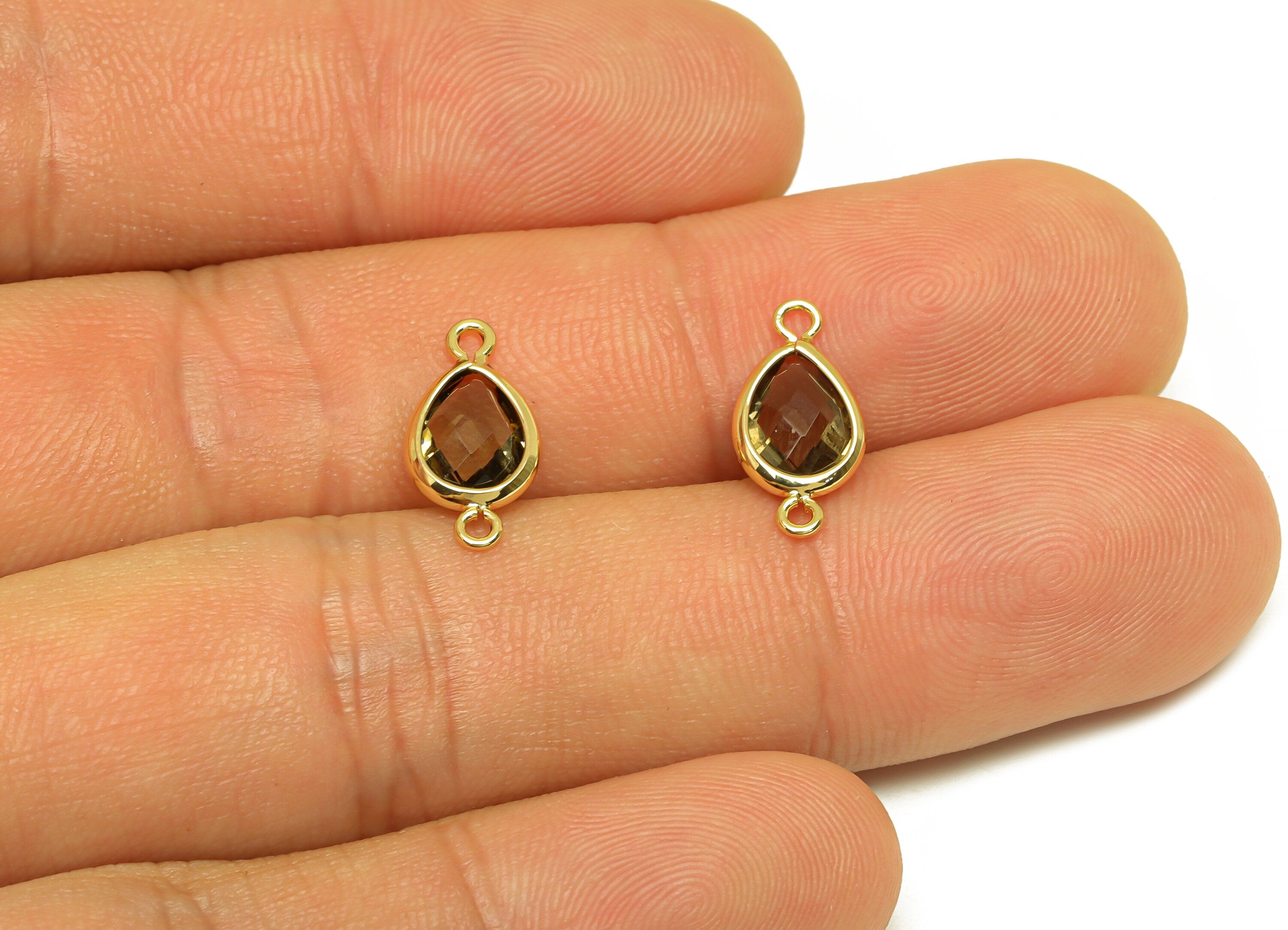 Brass Teardrop Connector - Brass Faceted Glass Earring Charm - Grey Glass Earring Charm - 18K Real Gold Plated - 14x6x2mm - RGP6922P - DOMEDBAZAAR