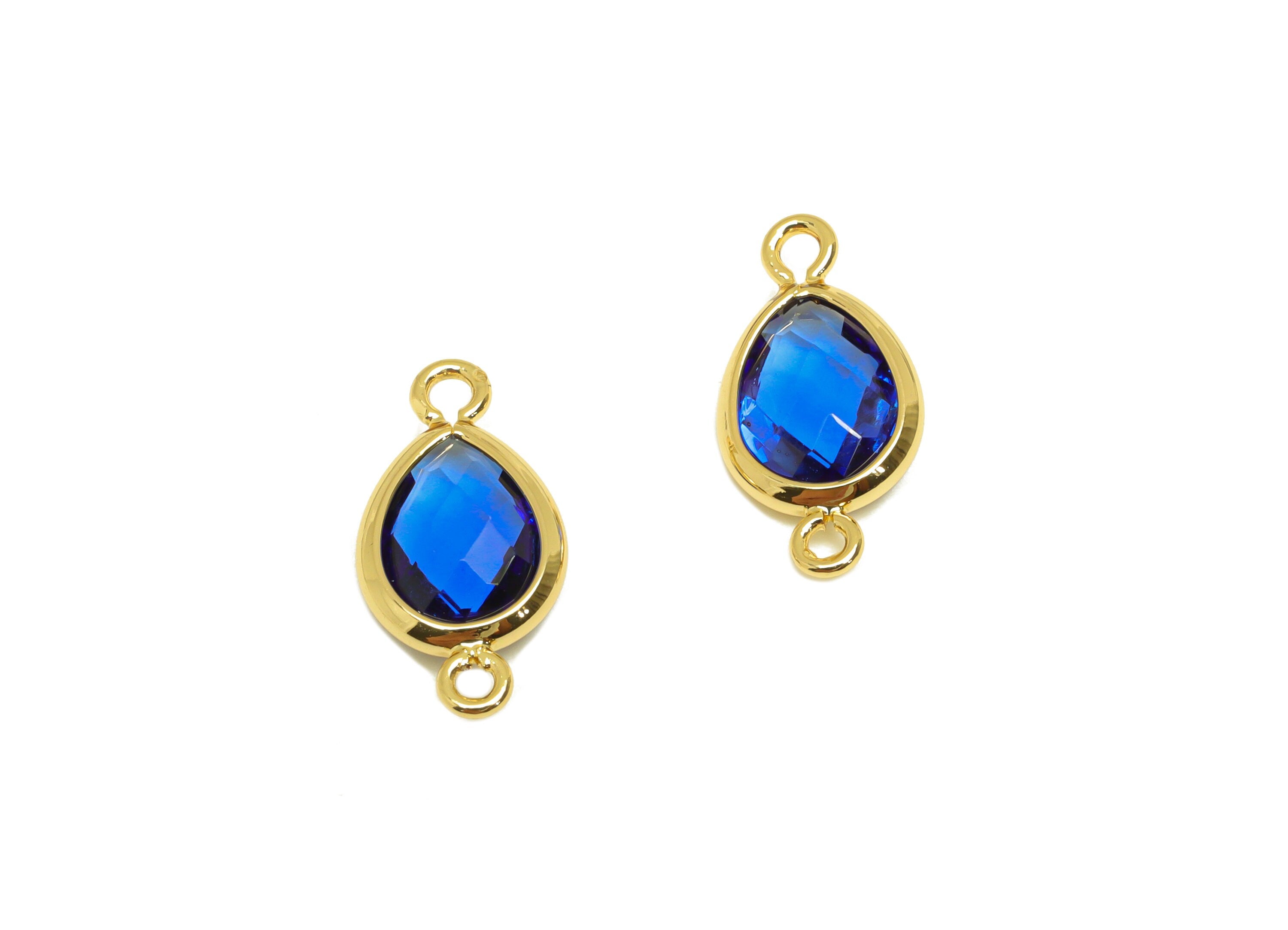 Brass Teardrop Connector - Brass Faceted Glass Earring Charm - Royal Blue Earring Charm - 18K Real Gold Plated - 14x6x2mm - RGP6922G - DOMEDBAZAAR