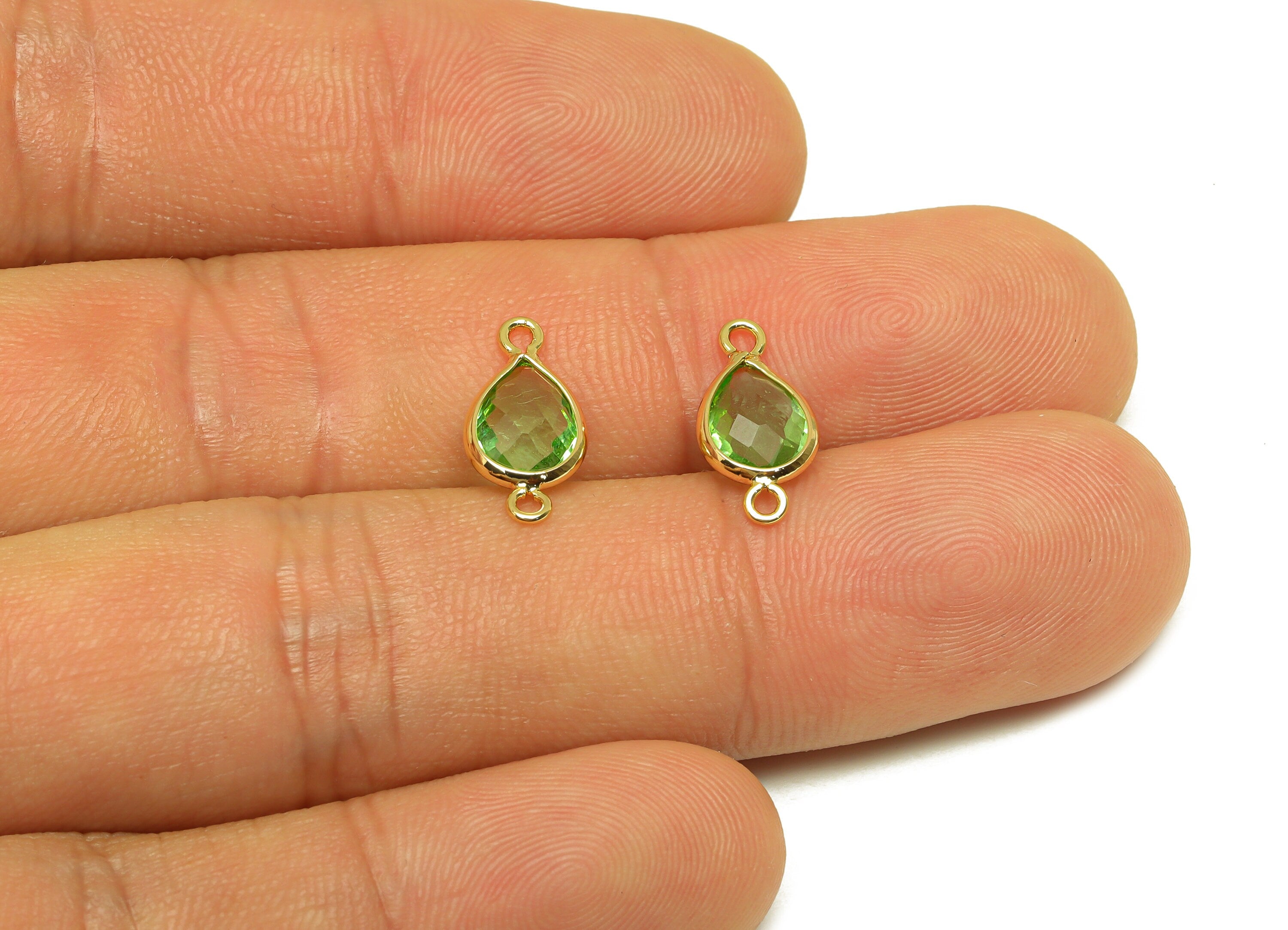 Brass Teardrop Connector - Brass Faceted Glass Earring Charm - Light Green Earring Charm - 18K Real Gold Plated - 14x6x2mm - RGP6922D - DOMEDBAZAAR
