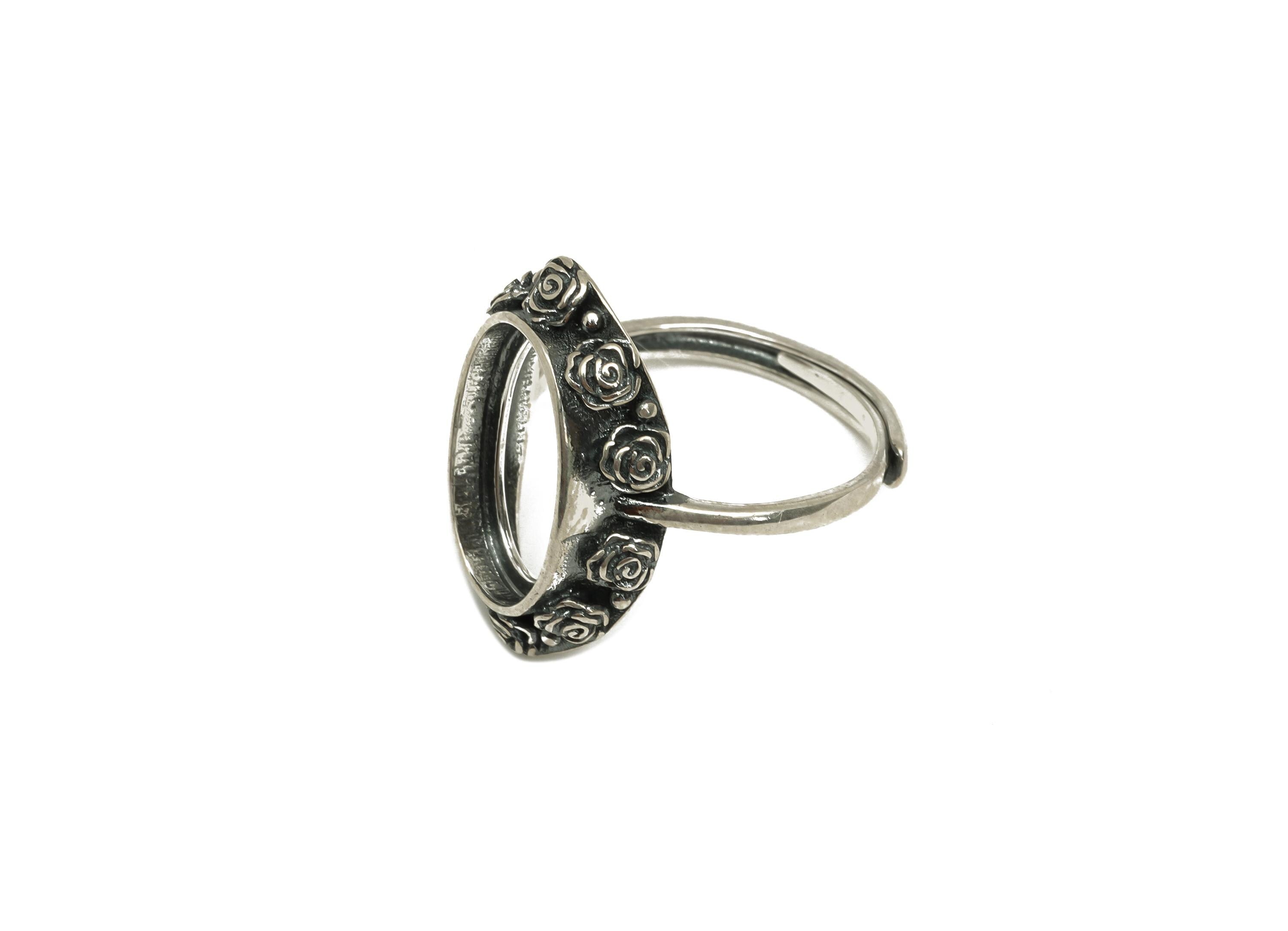 10x14mm Adjustable Oval Ring Setting - Silver Flower Adjustable Ring - Rose Ring - For Jewelry - 925 Silver Sterling Silver - RGP7390 - DOMEDBAZAAR
