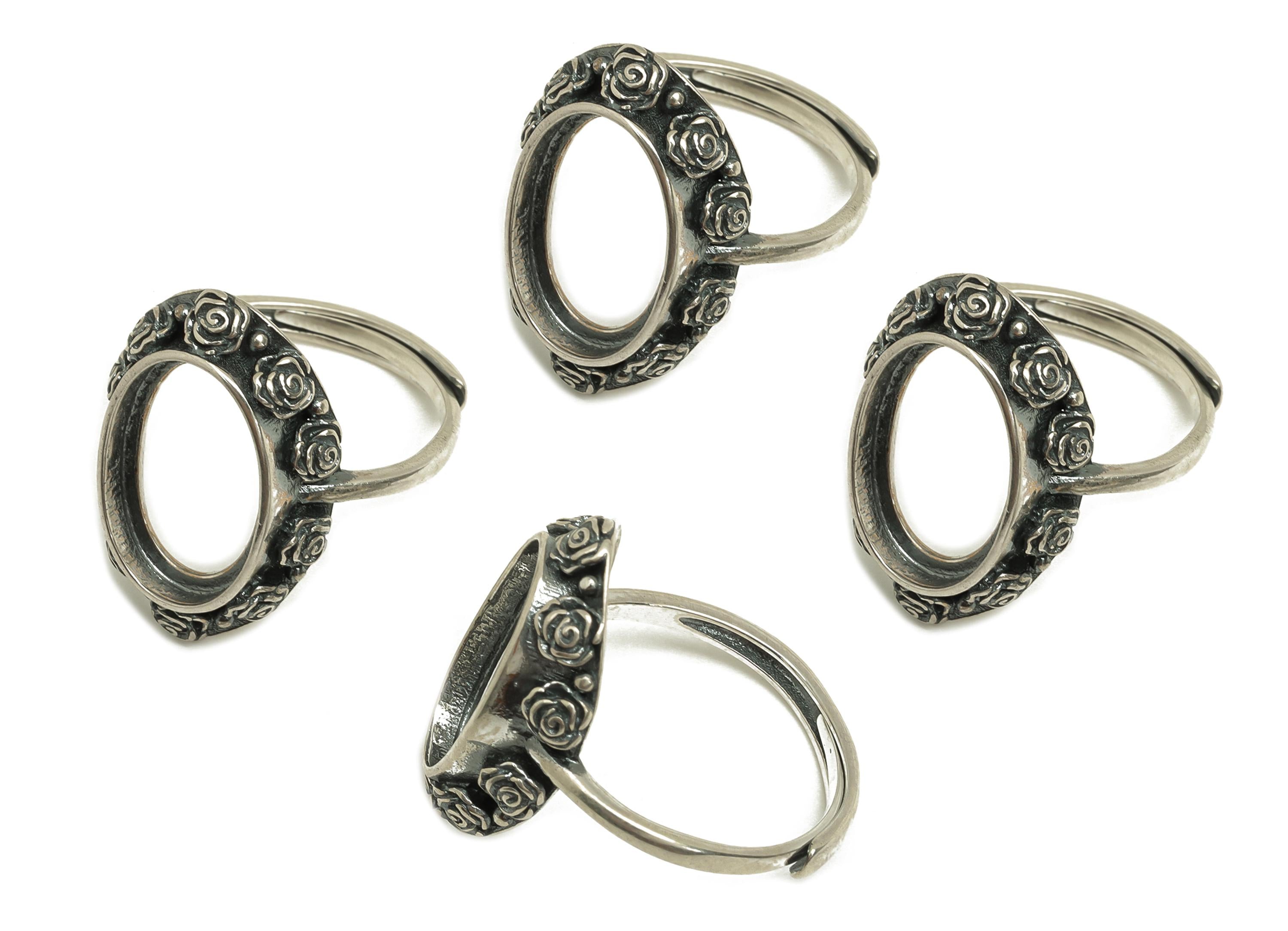 10x14mm Adjustable Oval Ring Setting - Silver Flower Adjustable Ring - Rose Ring - For Jewelry - 925 Silver Sterling Silver - RGP7390 - DOMEDBAZAAR