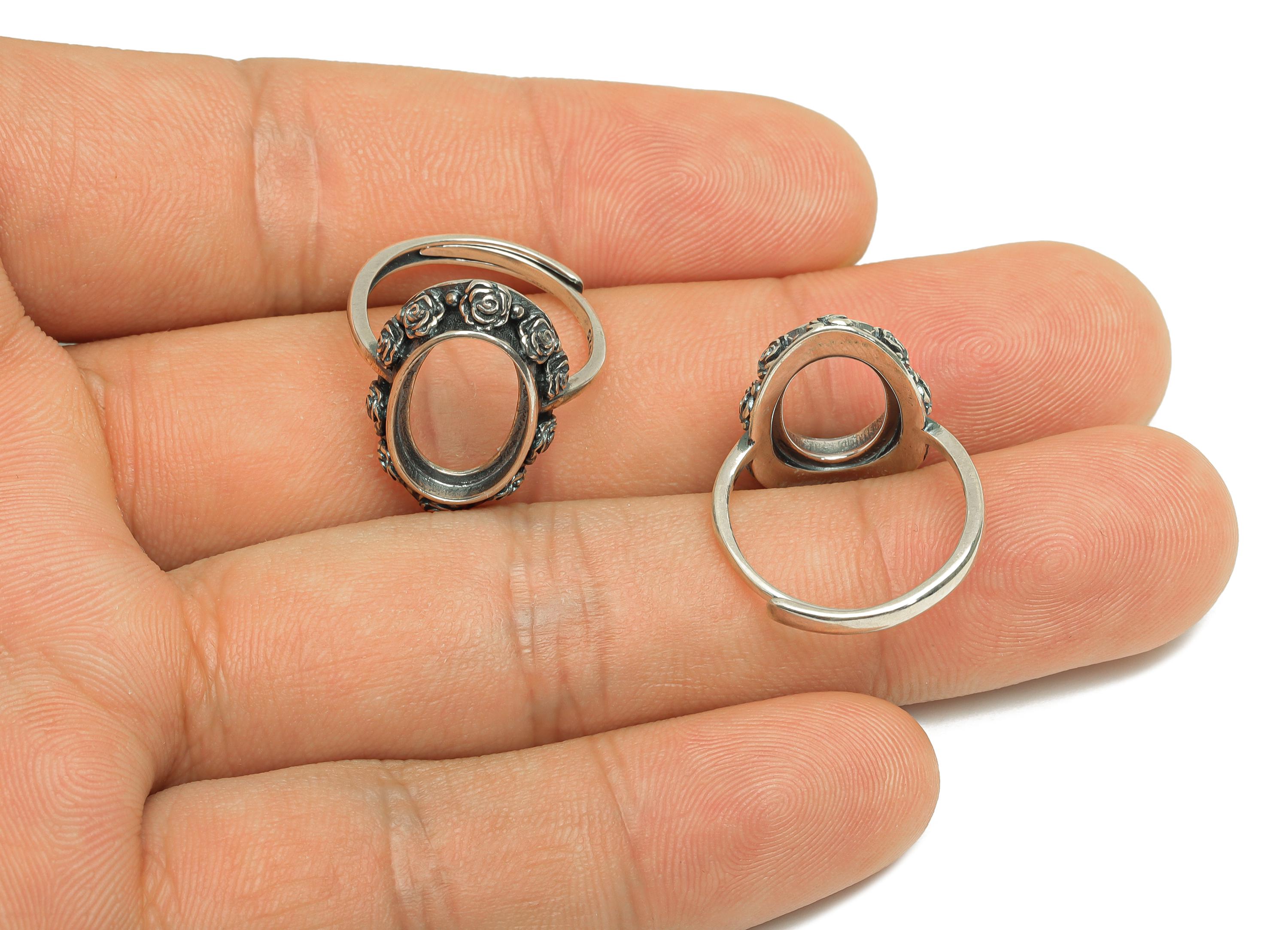 10x14mm Adjustable Oval Ring Setting - Silver Flower Adjustable Ring - Rose Ring - For Jewelry - 925 Silver Sterling Silver - RGP7390 - DOMEDBAZAAR