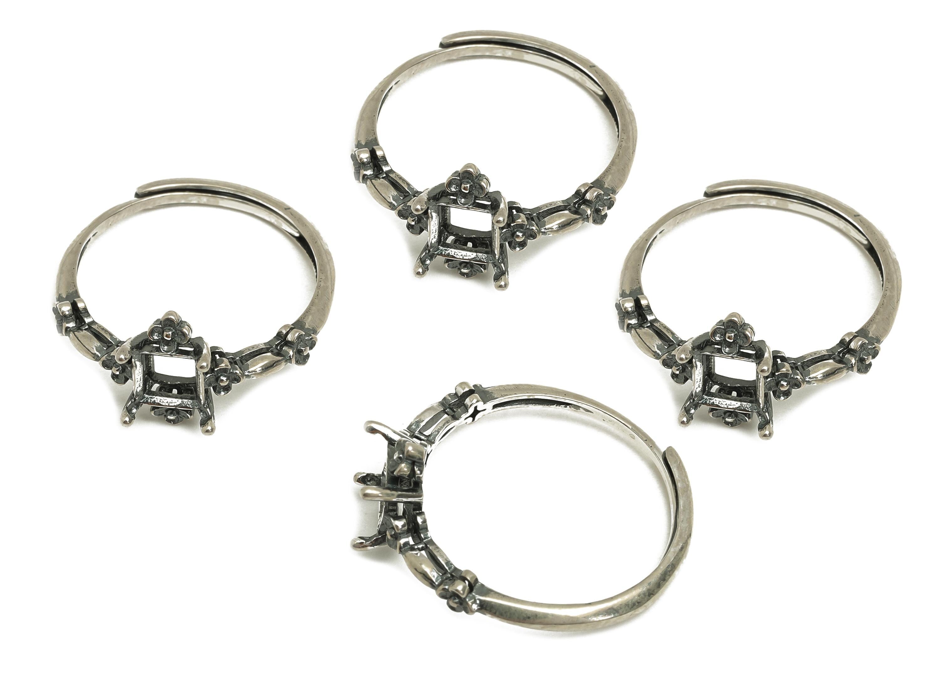 5mm Adjustable Square Ring Setting - Rose Frame Ring - Flower Oval Vintage Hoop Ring - 925 Silver Sterling Silver - RGP7401 - DOMEDBAZAAR