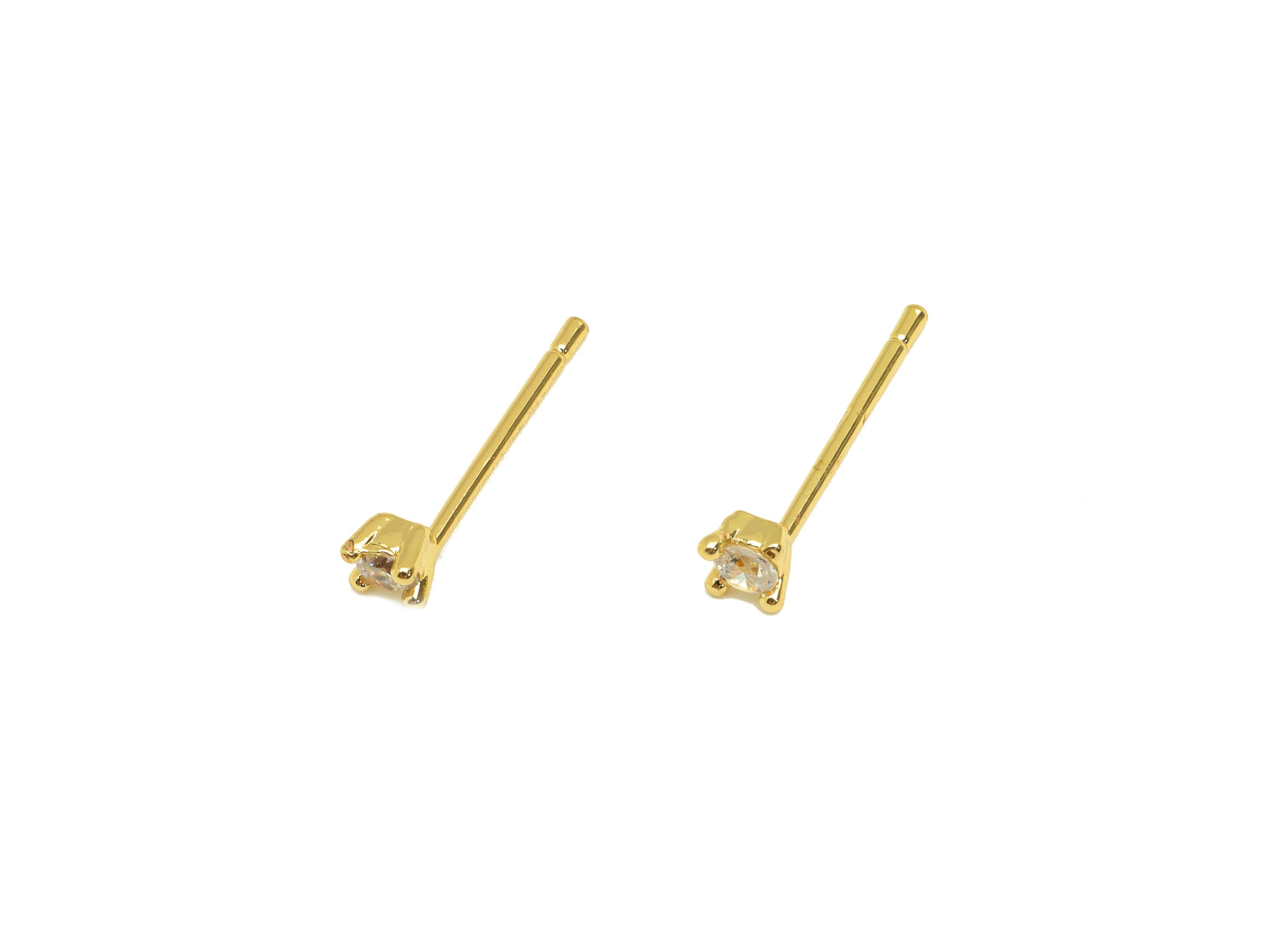 Brass CZ Mini Earring Stud - Brass Round Cubic Zircon Post - Brass Circle Zircon Earring Post - 18K Real Gold Plating - 13x3x3mm - RGP7102 - DOMEDBAZAAR