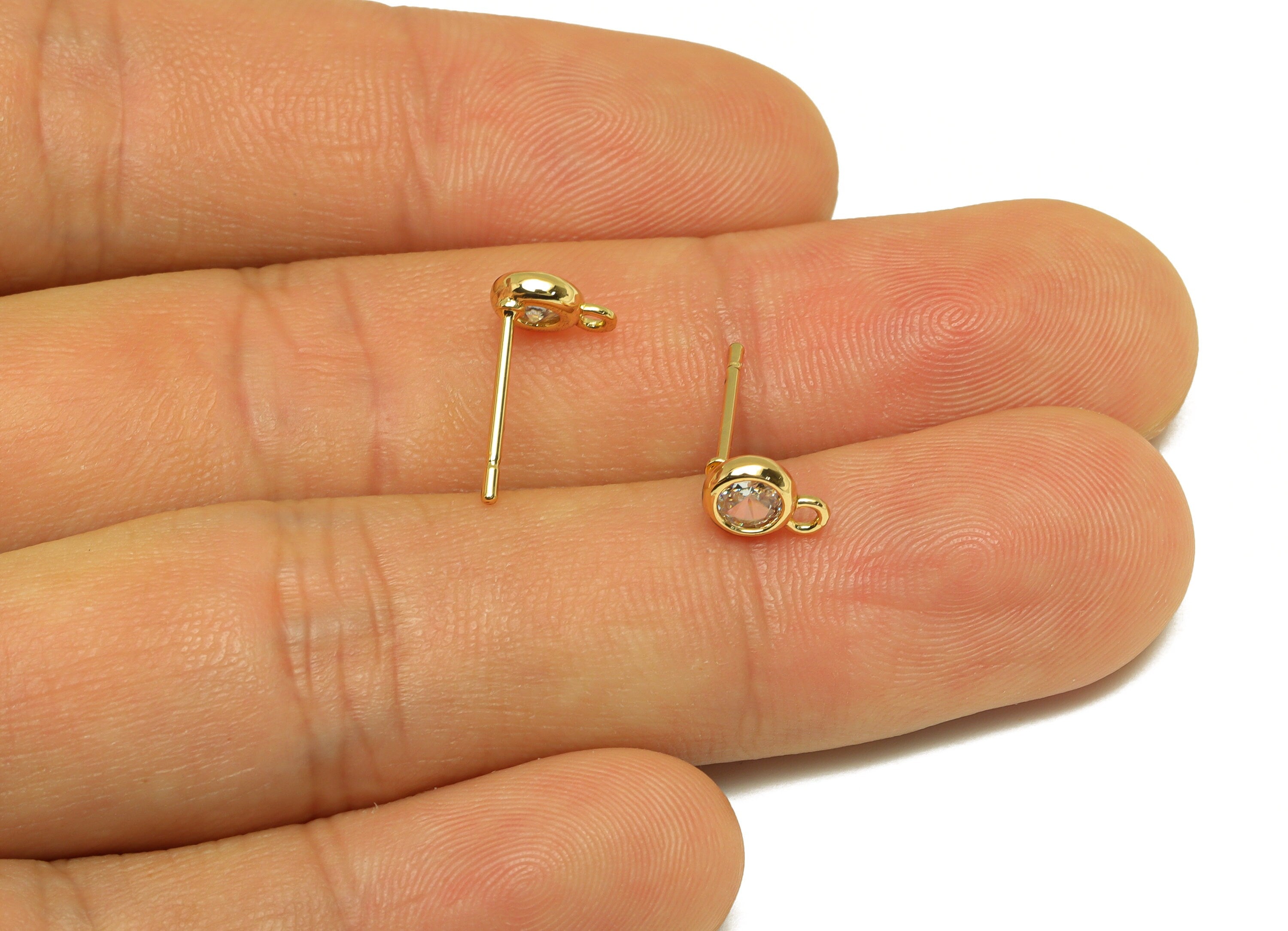 Brass Mini Round Earring Post - Brass Minimalist Cubic Zircon Earring Post With Loop - 18K Real Gold Plating - 13x7.63x5.38mm - RGP7104 - DOMEDBAZAAR