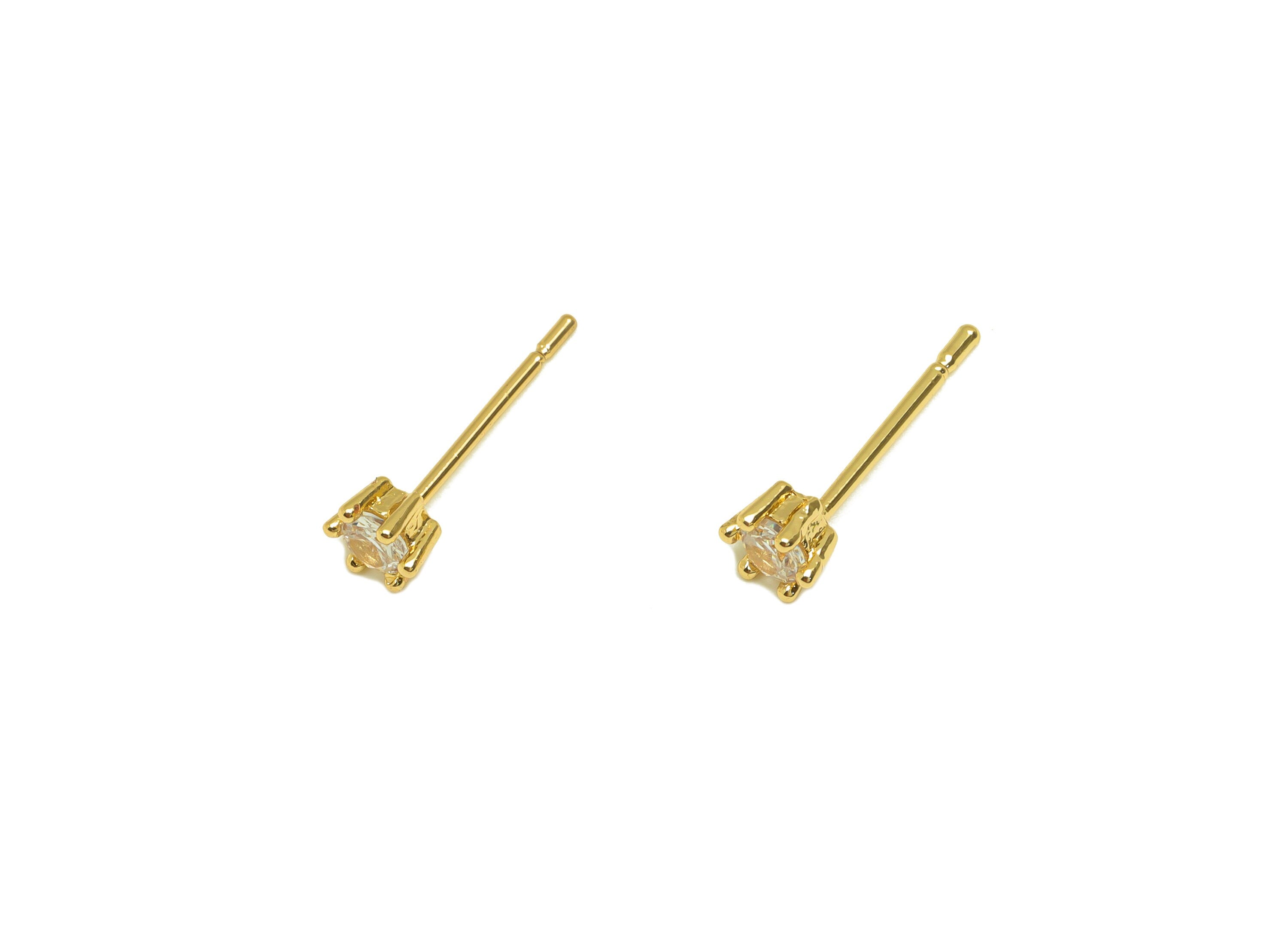 Brass Mini Round Earring Post - Brass Minimalist Cubic Zircon Earring Post - 18K Real Gold Plating - 14.51x 3.94x3.94mm - RGP7103 - DOMEDBAZAAR