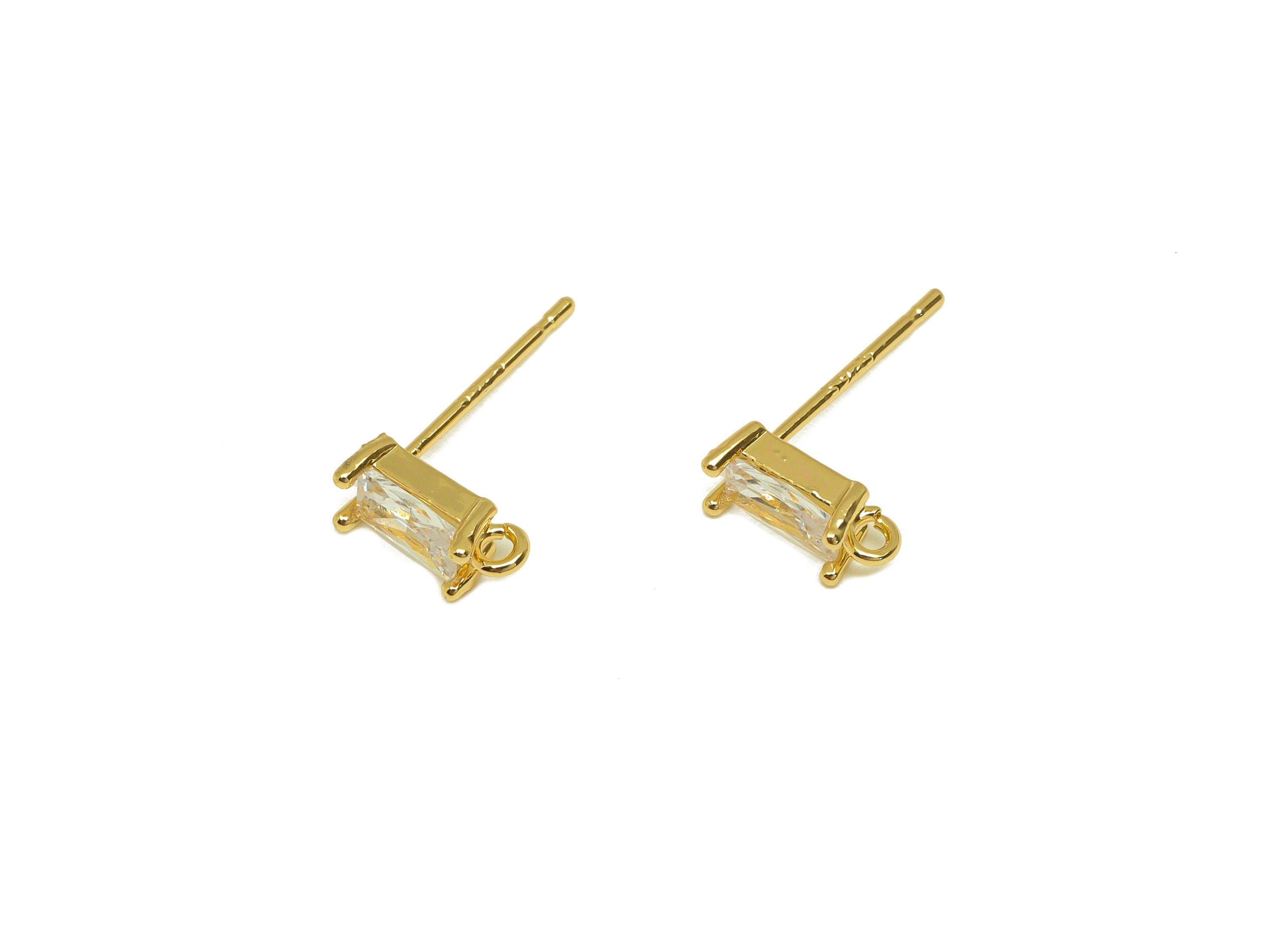 Brass CZ Rectangle Earring Stud - Brass Cubic Zircon Post With Loop - Brass Zircon Earring Post - 18K Real Gold Plating - 15x9x4mm - RGP7098 - DOMEDBAZAAR