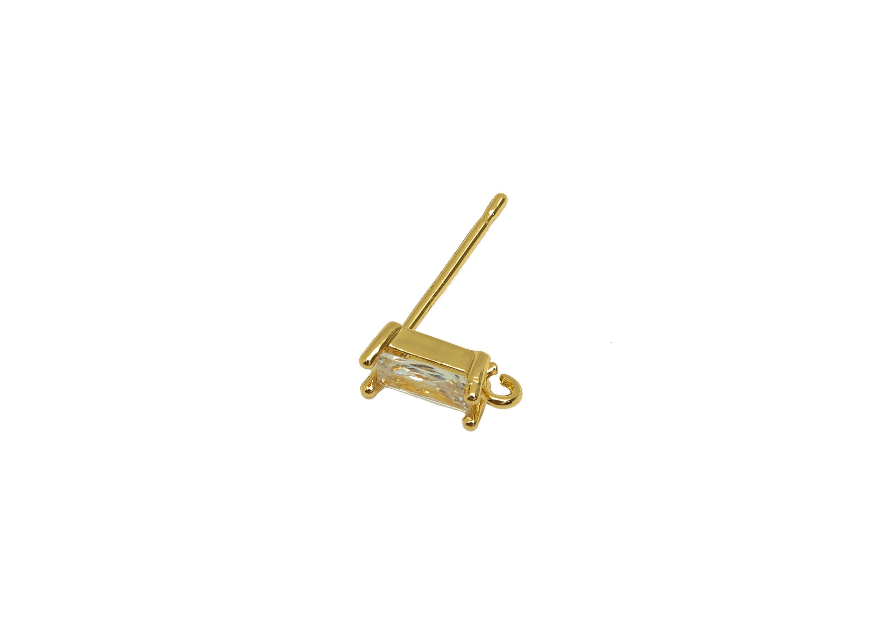 Brass CZ Rectangle Earring Stud - Brass Cubic Zircon Post With Loop - Brass Zircon Earring Post - 18K Real Gold Plating - 15x9x4mm - RGP7098 - DOMEDBAZAAR