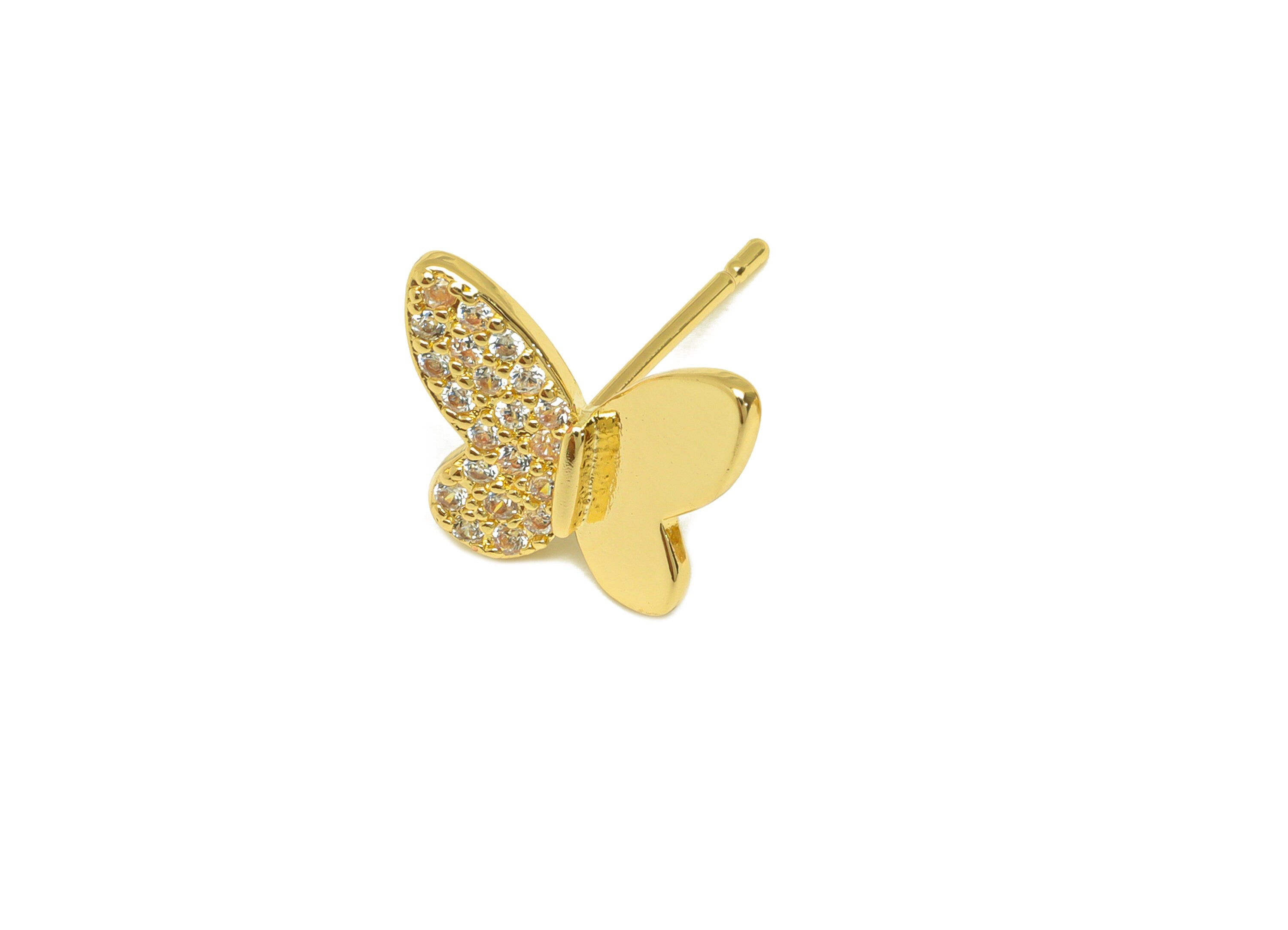 Brass CZ Butterfly Earring Stud - Brass Cubic Zircon Post - Brass CZ Butterfly Earring Post - 18K Real Gold Plating - 13x11x1.63mm - RGP7091 - DOMEDBAZAAR