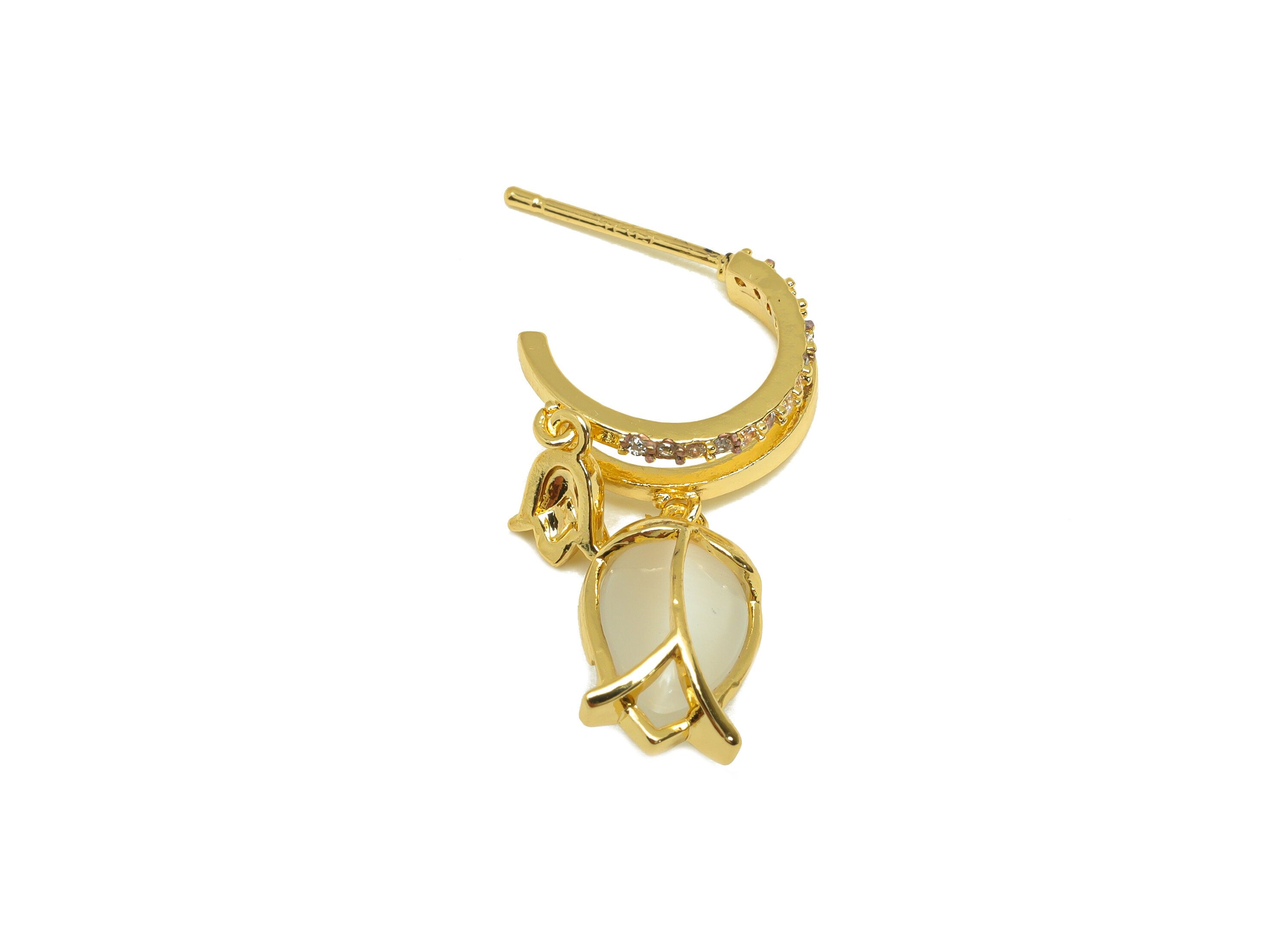 Brass CZ Hoop Earring Stud - Brass Cubic Zircon Post - Brass Dangle Tulip Earring Post - 18K Real Gold Plating - 27.3x7.9x13.45mm - RGP7087 - DOMEDBAZAAR
