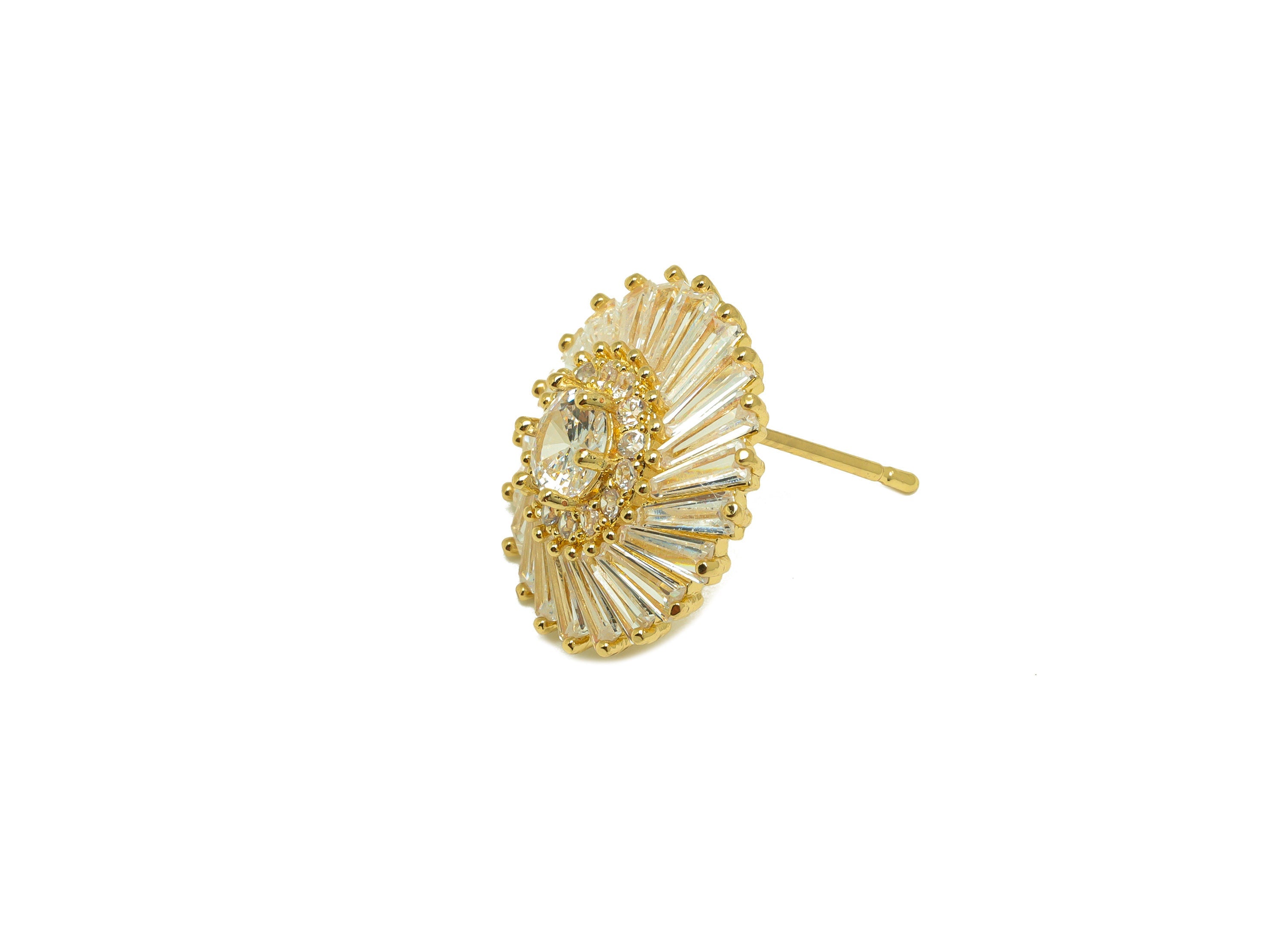 Brass CZ Round Earring Stud - Brass Cubic Zircon Post - Brass Trapezoid Earring Post - 18K Real Gold Plating - 18.52x18.12x6.94mm - RGP7090 - DOMEDBAZAAR