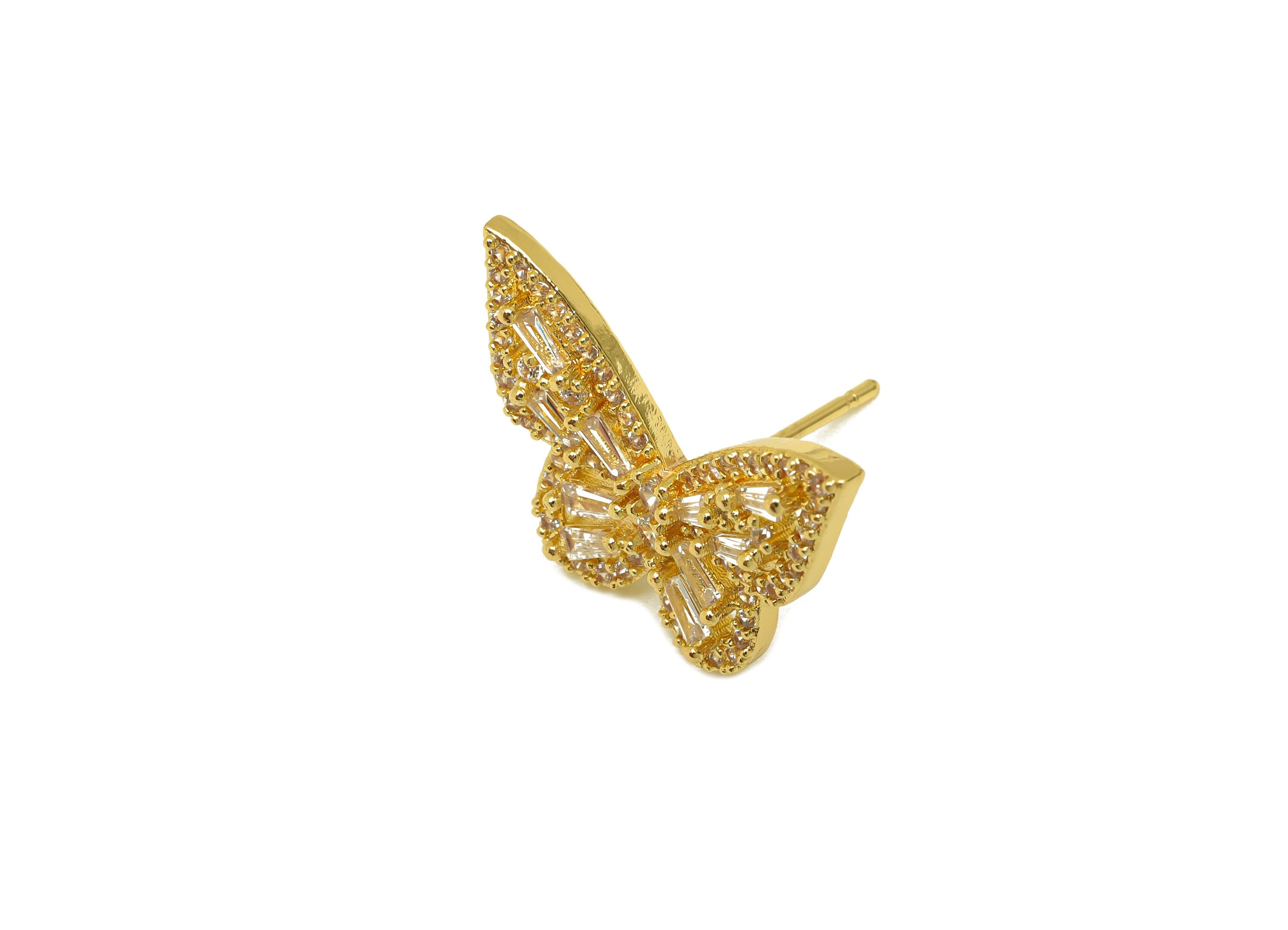 Brass CZ Butterfly Earring Stud - Brass Cubic Zircon Post - Brass CZ Butterfly Earring Post - 18K Real Gold Plating - 20.7x16x3mm - RGP7093 - DOMEDBAZAAR