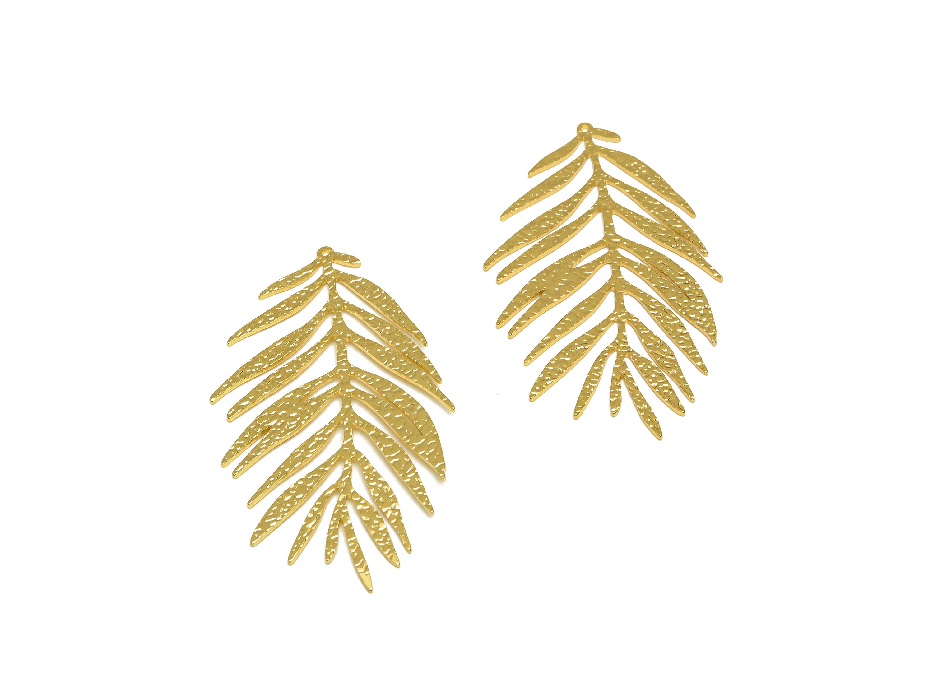 Brass Leaf Earring Charm - Brass Textured Leaf Pendant - Brass Textured Botanical Charm - 18K Real Gold Plating - 68.4x38.18x1mm - RGP7109 - DOMEDBAZAAR