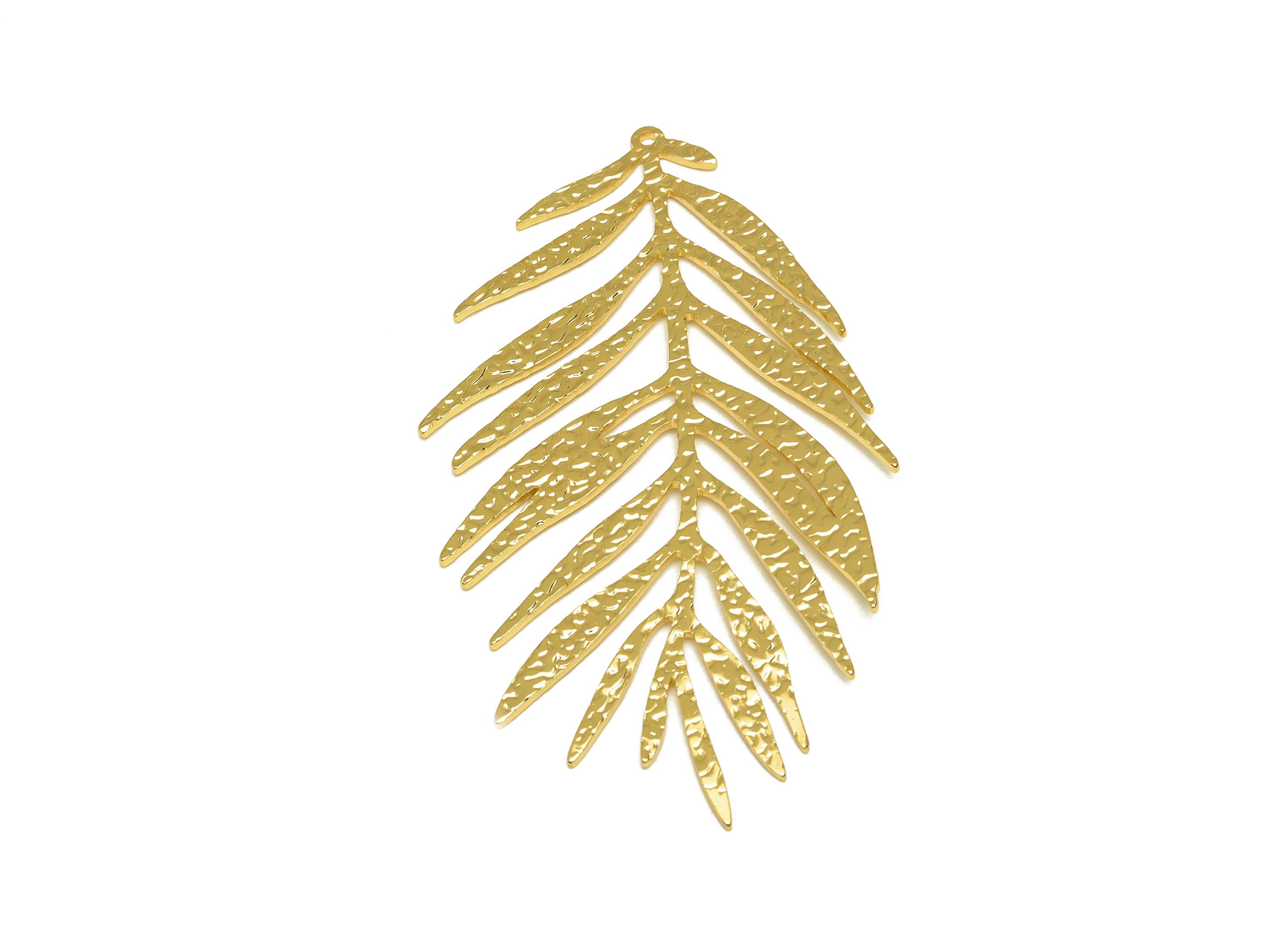 Brass Leaf Earring Charm - Brass Textured Leaf Pendant - Brass Textured Botanical Charm - 18K Real Gold Plating - 68.4x38.18x1mm - RGP7109 - DOMEDBAZAAR