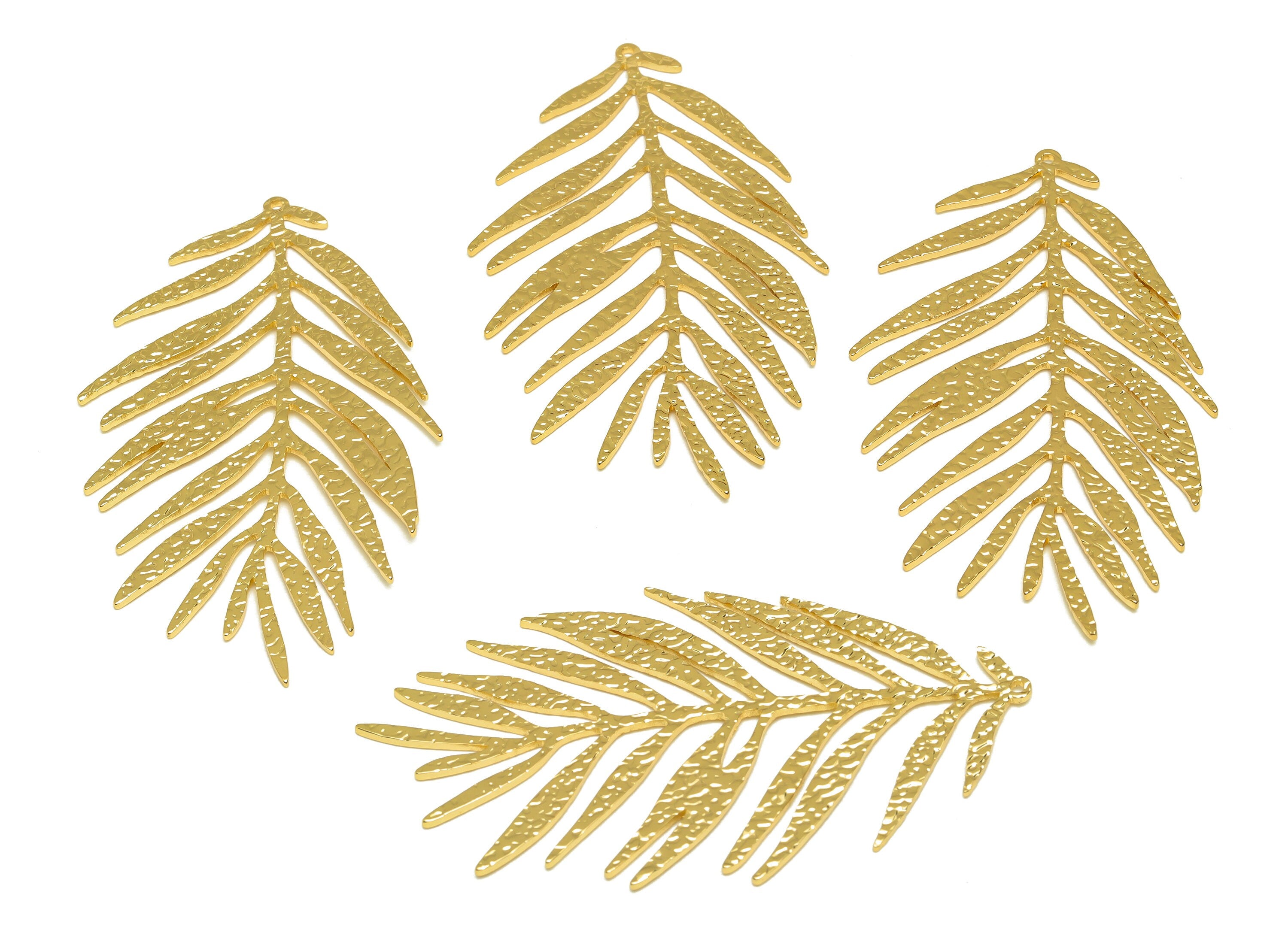 Brass Leaf Earring Charm - Brass Textured Leaf Pendant - Brass Textured Botanical Charm - 18K Real Gold Plating - 68.4x38.18x1mm - RGP7109 - DOMEDBAZAAR