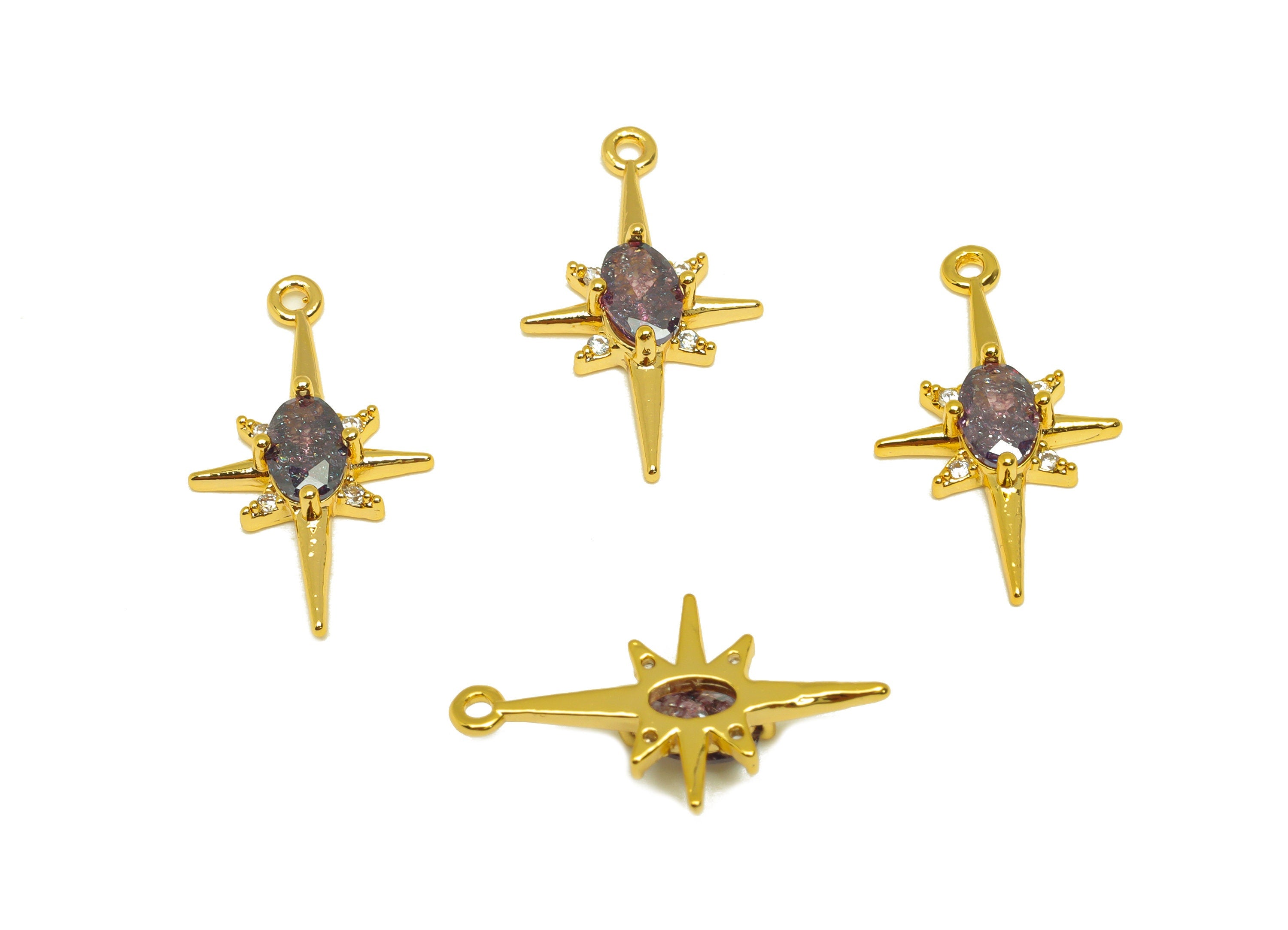 Brass CZ Star Earring Charm - Brass Purple Cubic Zircon Charm - North Star Earring Charm - 18K Real Gold Plating - 21.1x12.17x3mm - RGP7089 - DOMEDBAZAAR